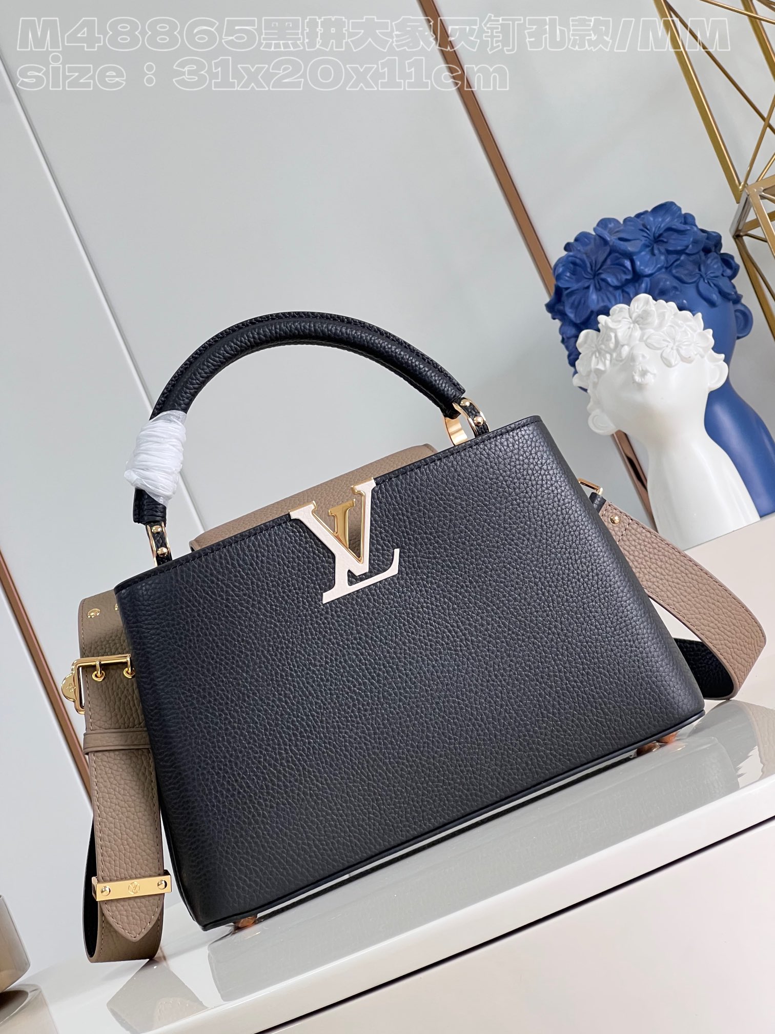 Louis Vuitton LV Capucines Bags Handbags Black Elephant Grey Calfskin Cowhide M48865