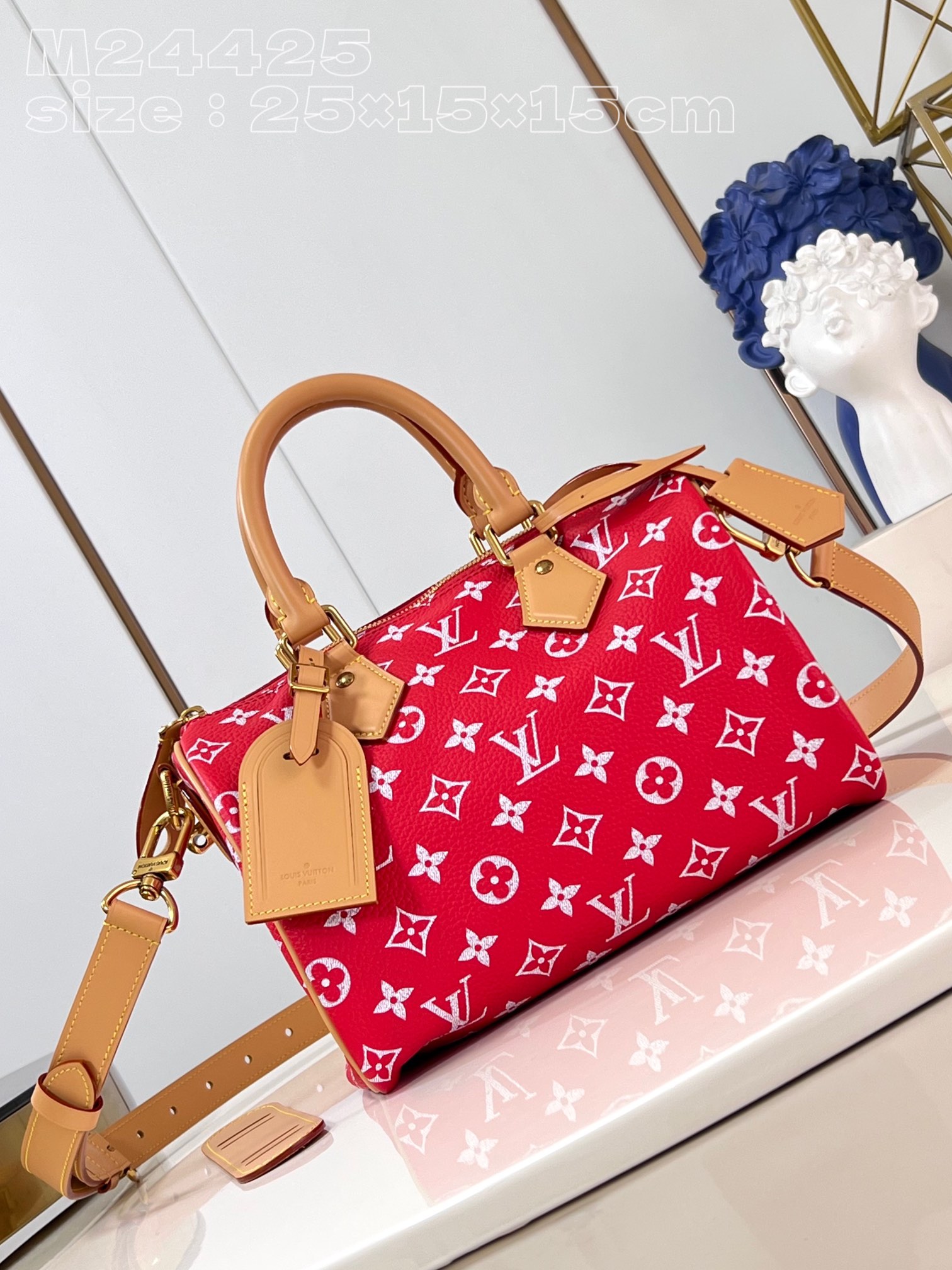Louis Vuitton LV Speedy Taschen Handtaschen Rot Polieren Leinwand Rindsleder Schaffell M24423