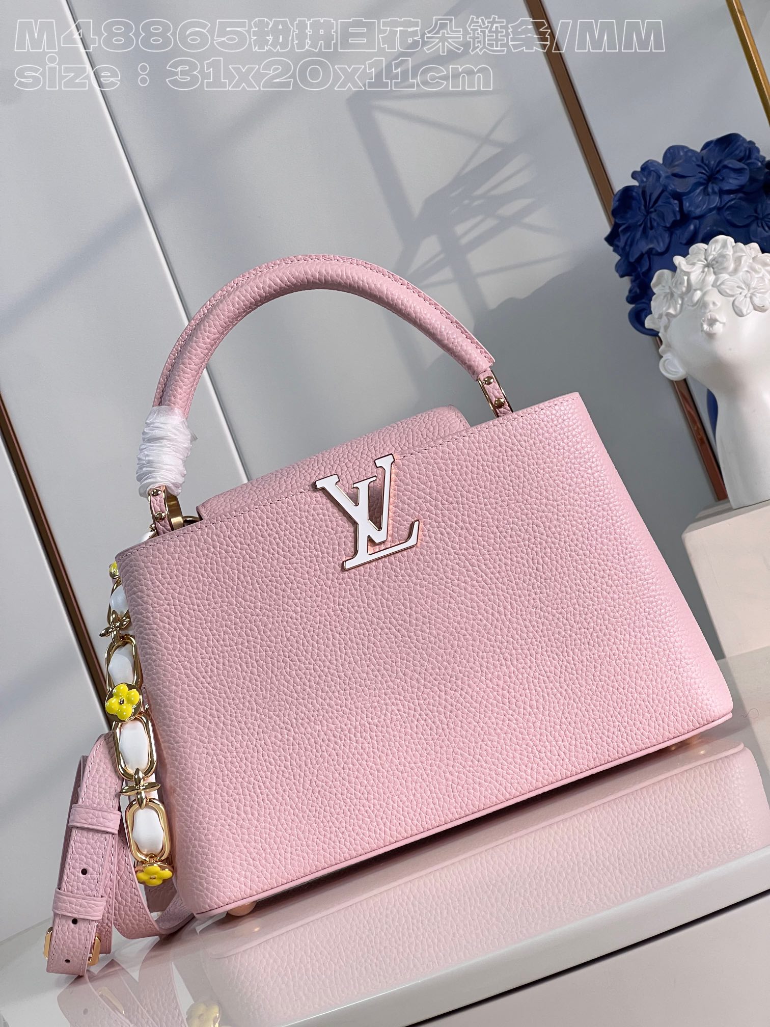 Louis Vuitton LV Capucines Bags Handbags Pink White Set With Diamonds Taurillon Cowhide Weave Chains M48865