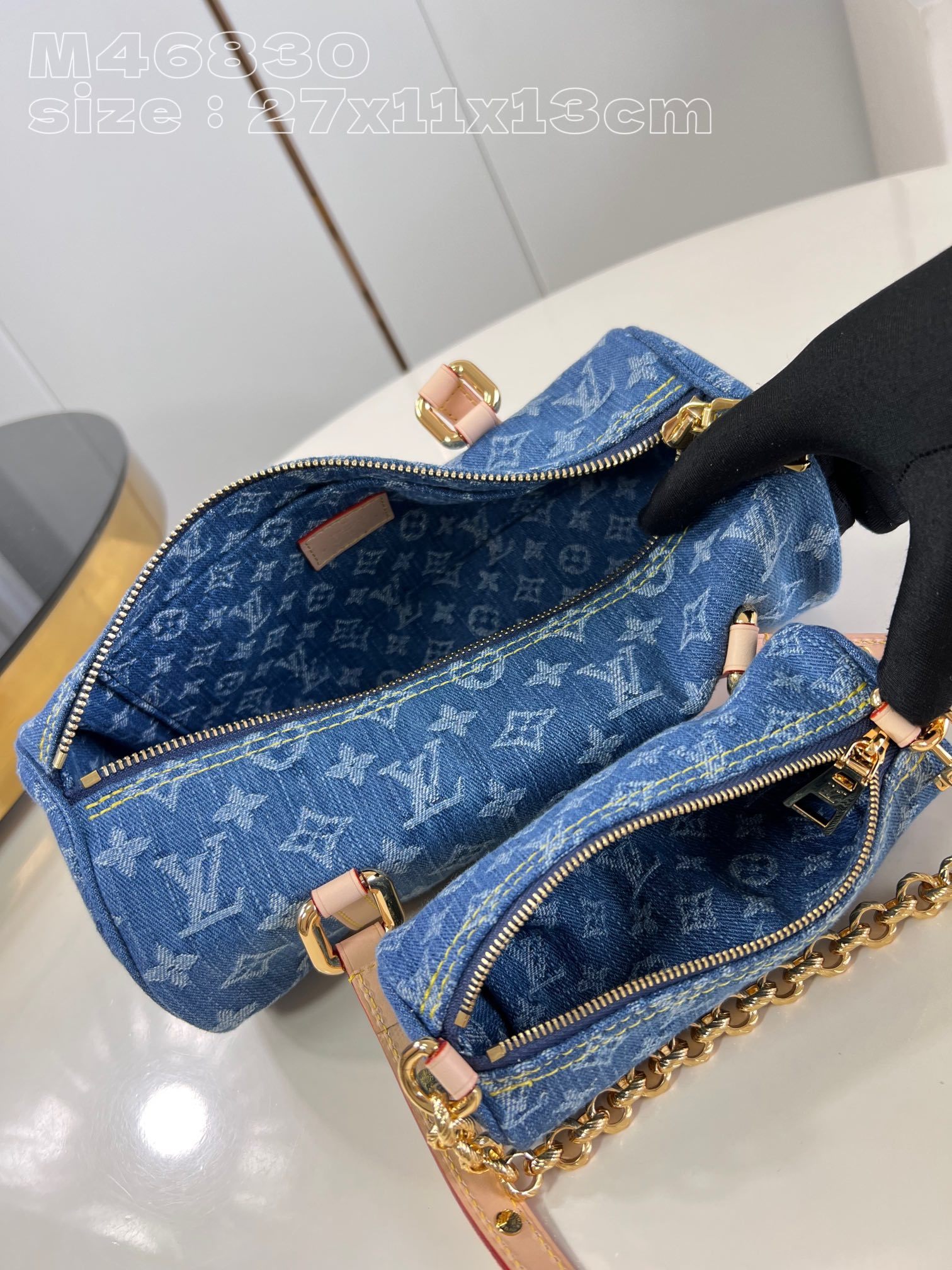 顶级原单M46830/对版本款Papillon手袋取材多重工艺制成的MonogramDenim帆布与同款