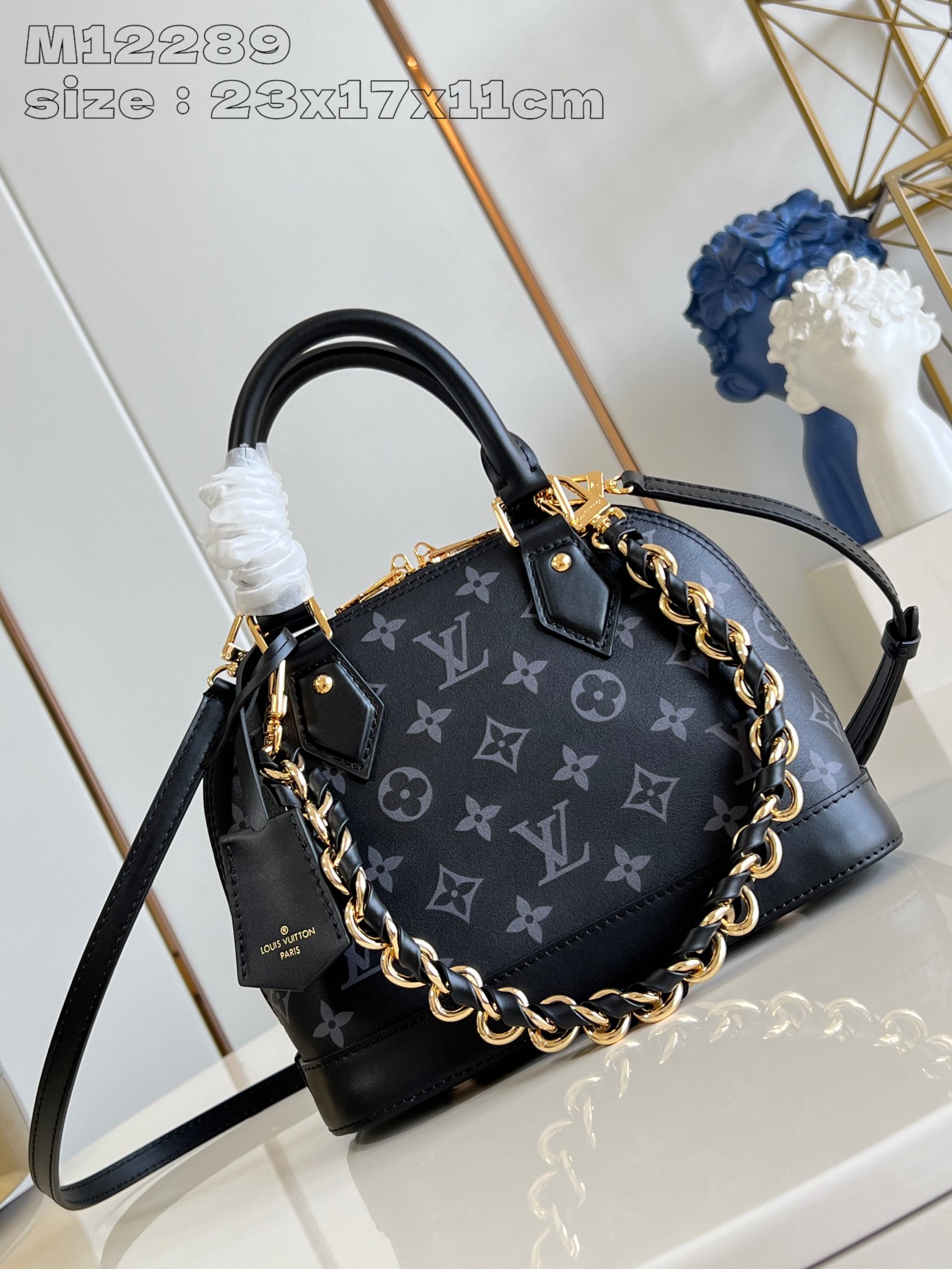 Louis Vuitton LV Alma BB Bags Handbags Black Weave Cowhide Chains M12289