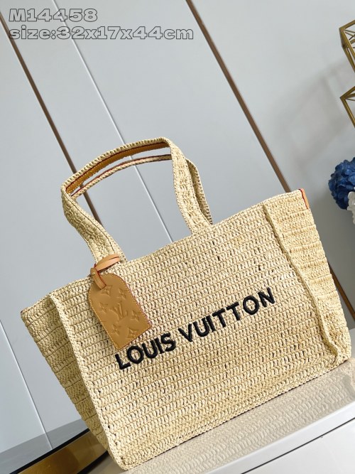 Louis Vuitton Shopper Tote Bag Raffia with Embroidered Logo and Leather Tag 1 Louis Vuitton Shopper Tote Bag Raffia with Embroidered Logo and Leather Tag