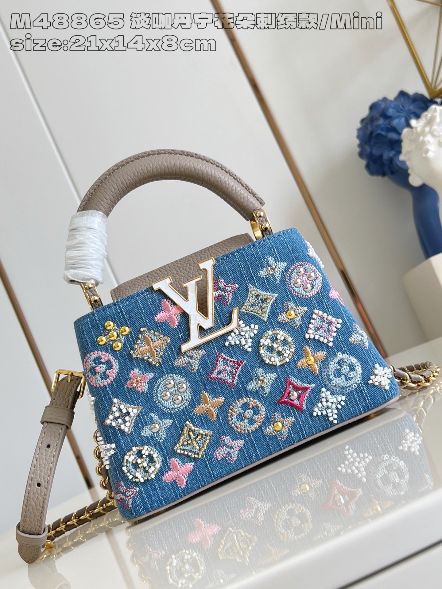 【顶级原单 M48865淡咖丹宁花朵刺绣款/迷你 】本款 Capucines 迷你手袋为 Monogra