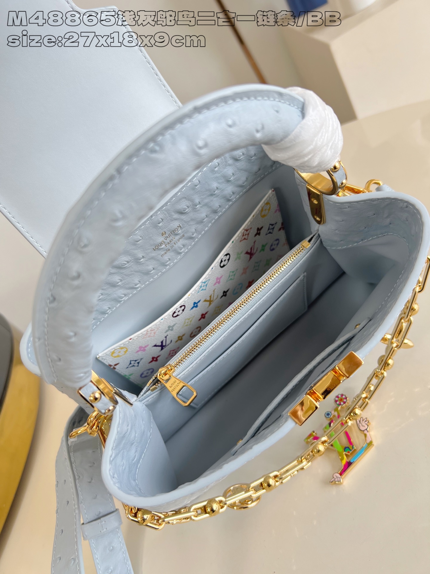【顶级原单 M48865浅灰鸵鸟二合一链条/小号 】M12279 本款 Capucines BB 手袋出