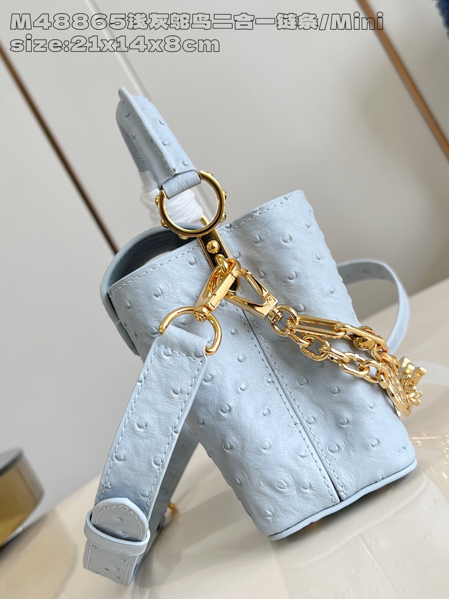 【顶级原单 M48865浅灰鸵鸟二合一链条/迷你 】 本款 Capucines mini 手袋出自 Tr