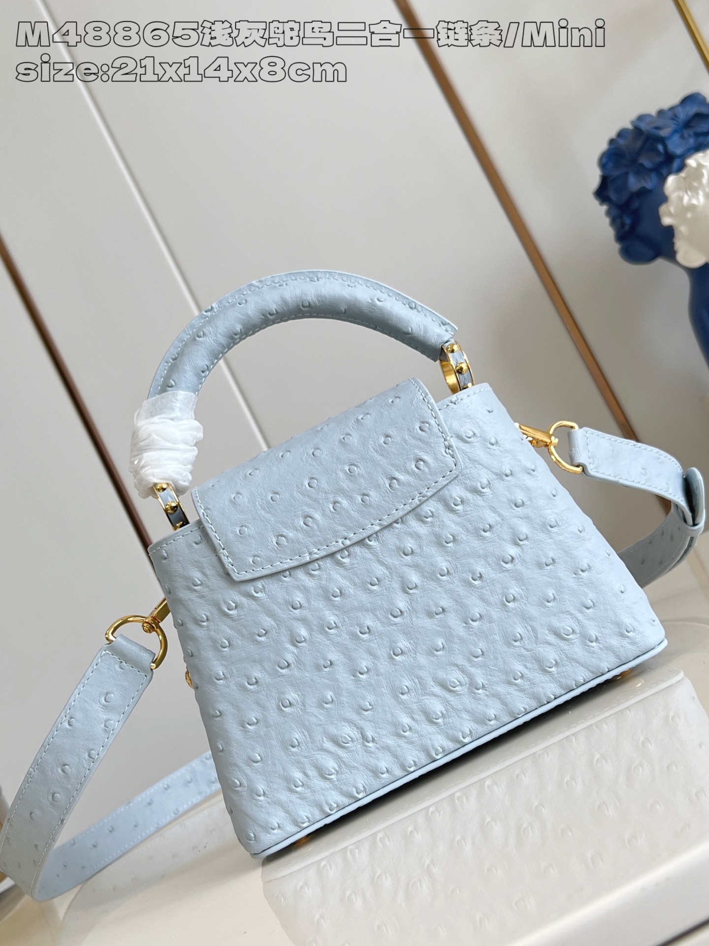【顶级原单 M48865浅灰鸵鸟二合一链条/迷你 】 本款 Capucines mini 手袋出自 Tr