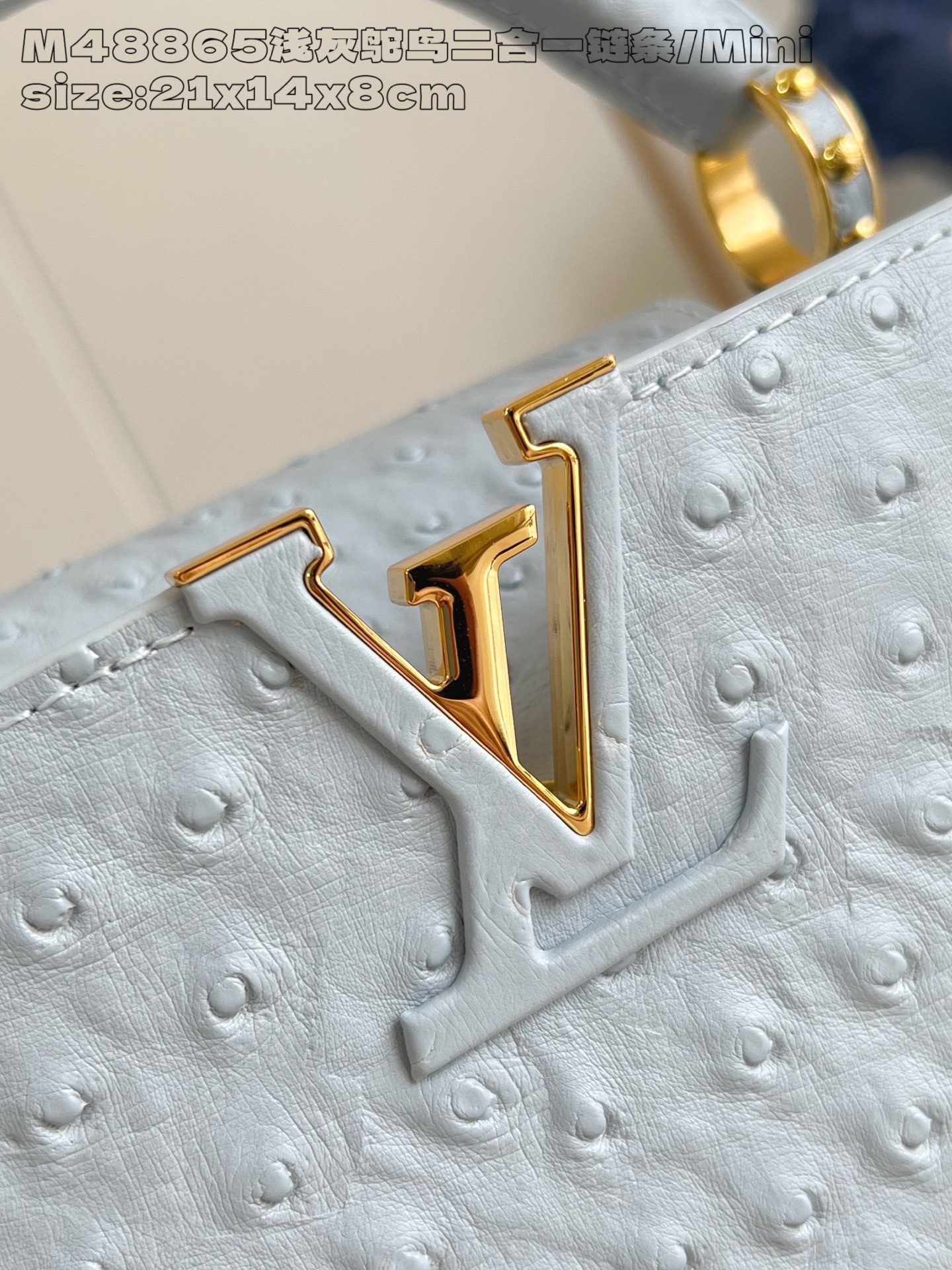 【顶级原单 M48865浅灰鸵鸟二合一链条/迷你 】 本款 Capucines mini 手袋出自 Tr