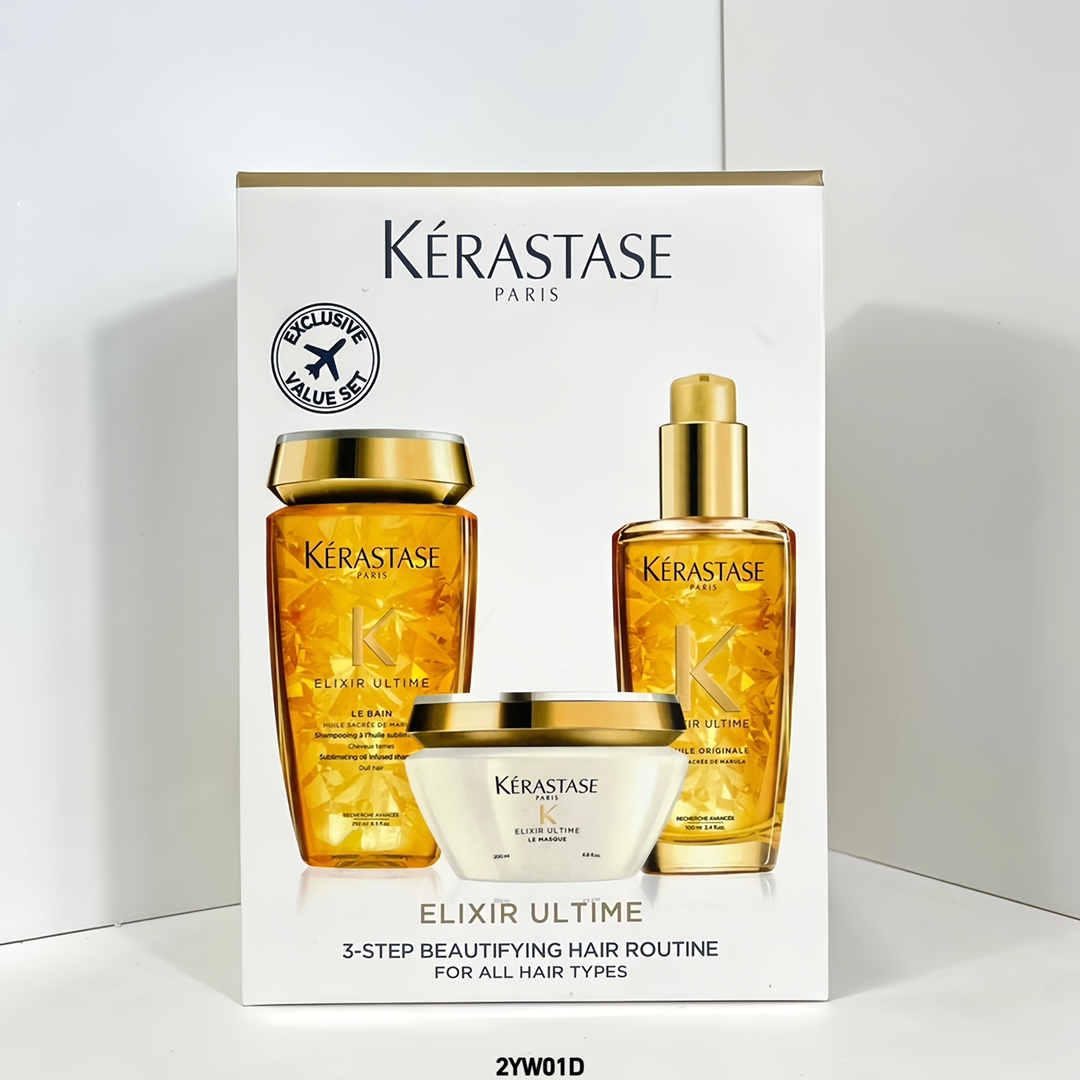 Trío de Kerastase Elixir Supreme: incluye aceite 100ml + champú 250ml + mascarilla capilar 200ml.
