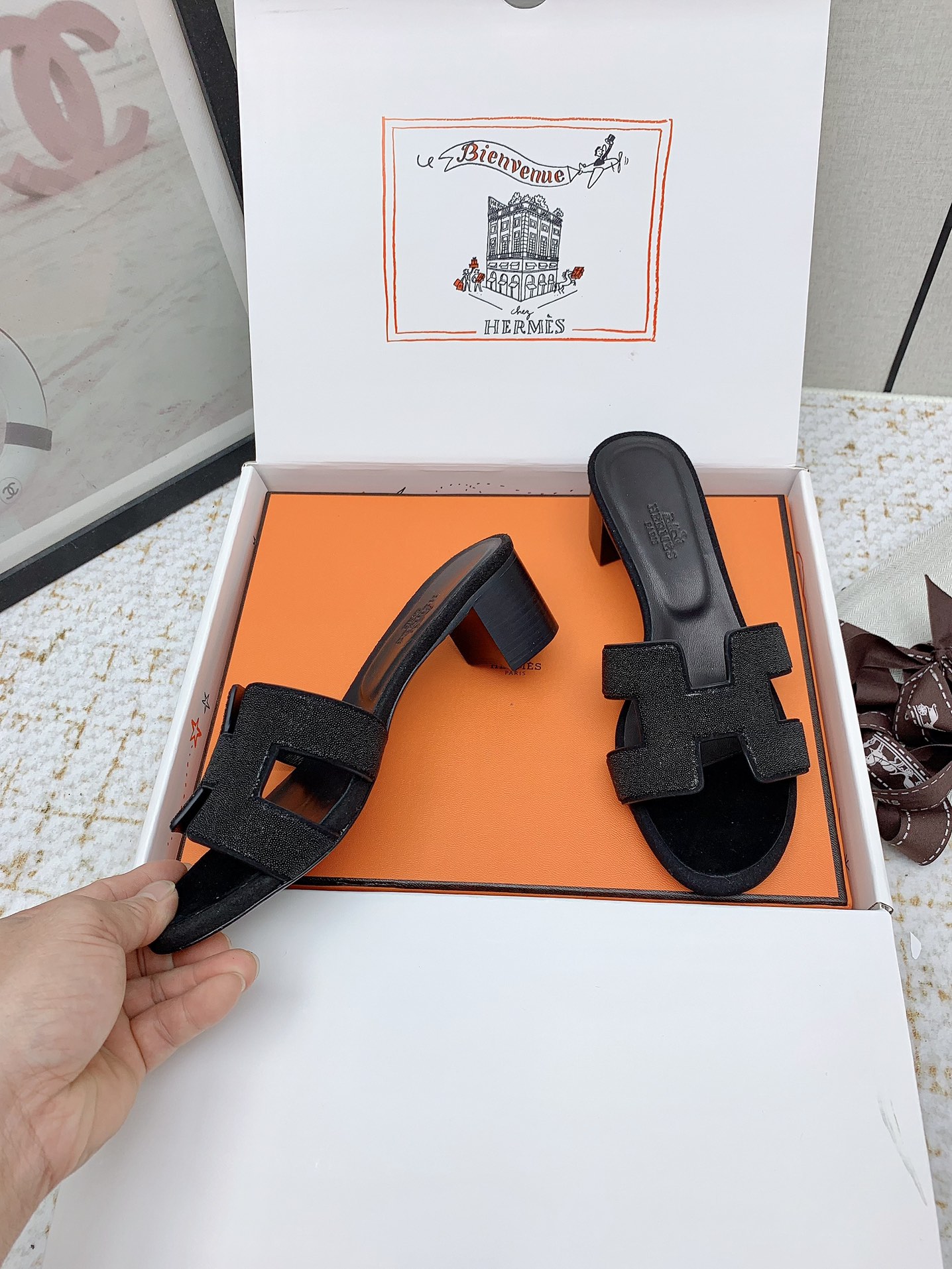 Hermes Oasis Black Leather Heeled Sandals Iconic 'H' Cutout Comfortable & Stylish 5 i1750228954 9581 3
