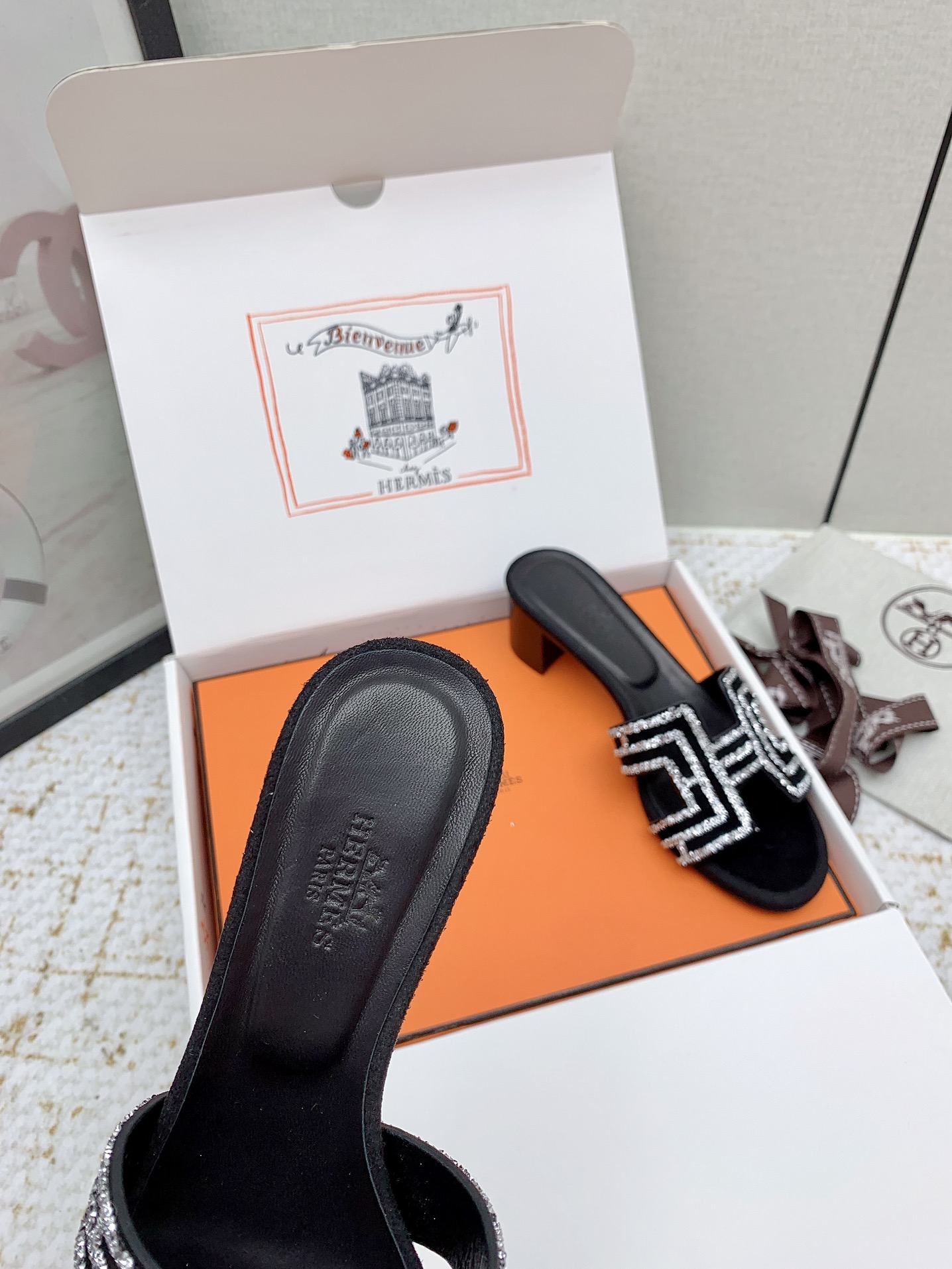 Hermes Oasis H-Cutout Heeled Sandals in Black Suede with Rhinestone Trim 9 i1750228989 1946 1