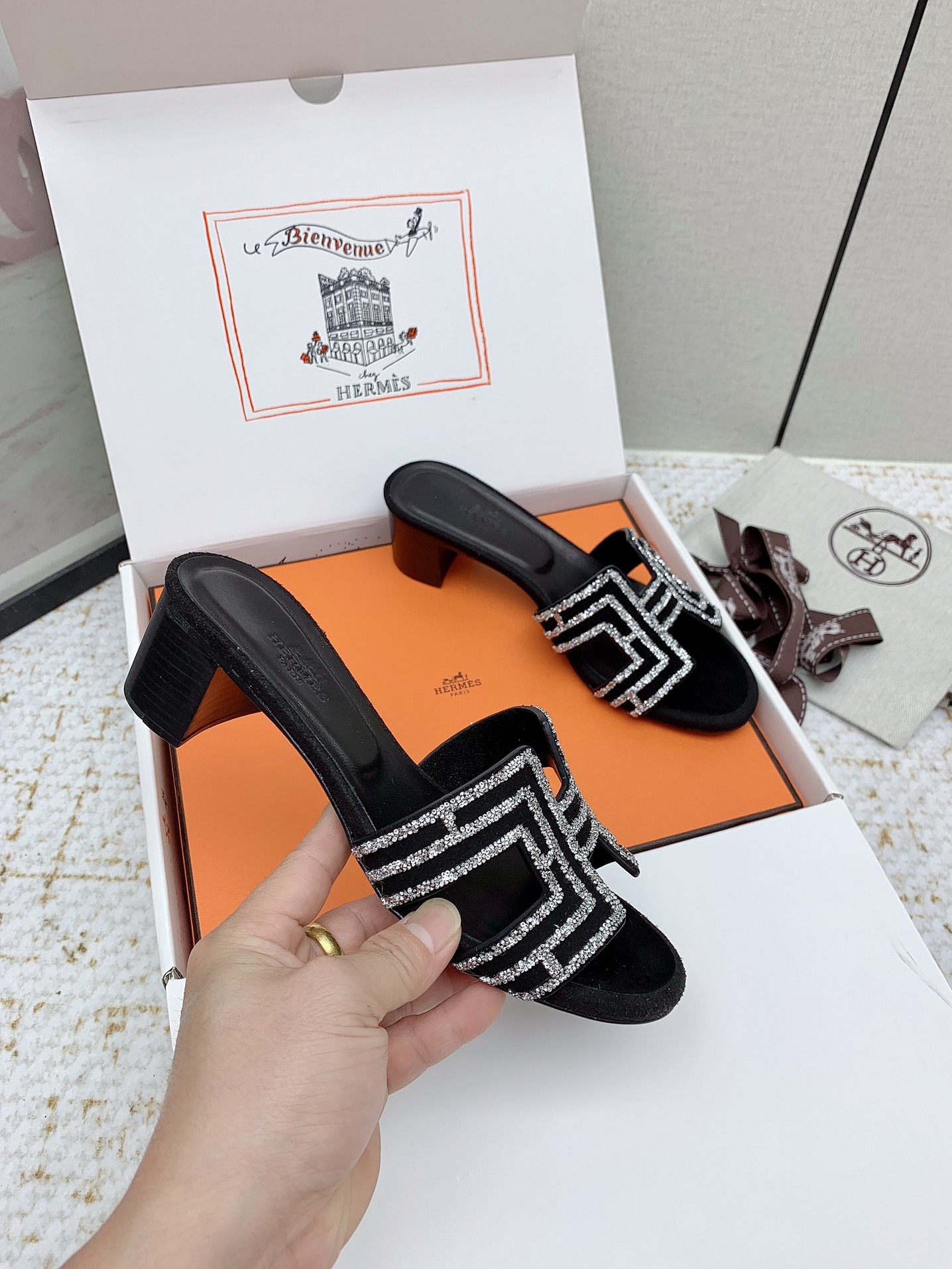 Hermes Oasis H-Cutout Heeled Sandals in Black Suede with Rhinestone Trim 6 i1750228989 3820 3