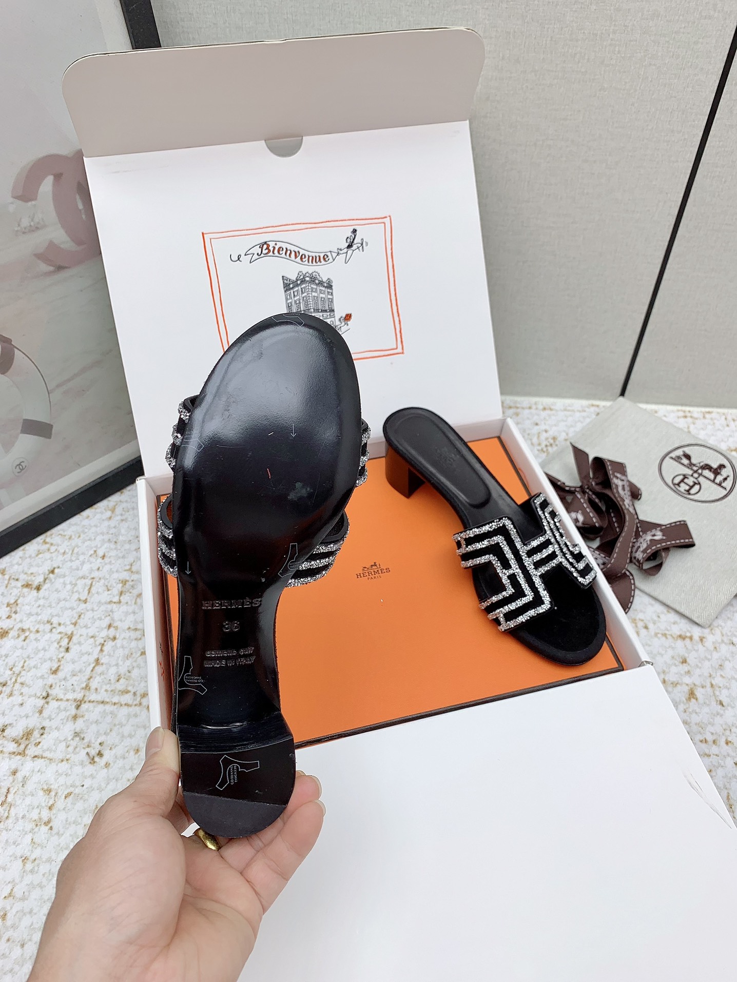 Hermes Oasis H-Cutout Heeled Sandals in Black Suede with Rhinestone Trim 10 i1750228989 6352 4