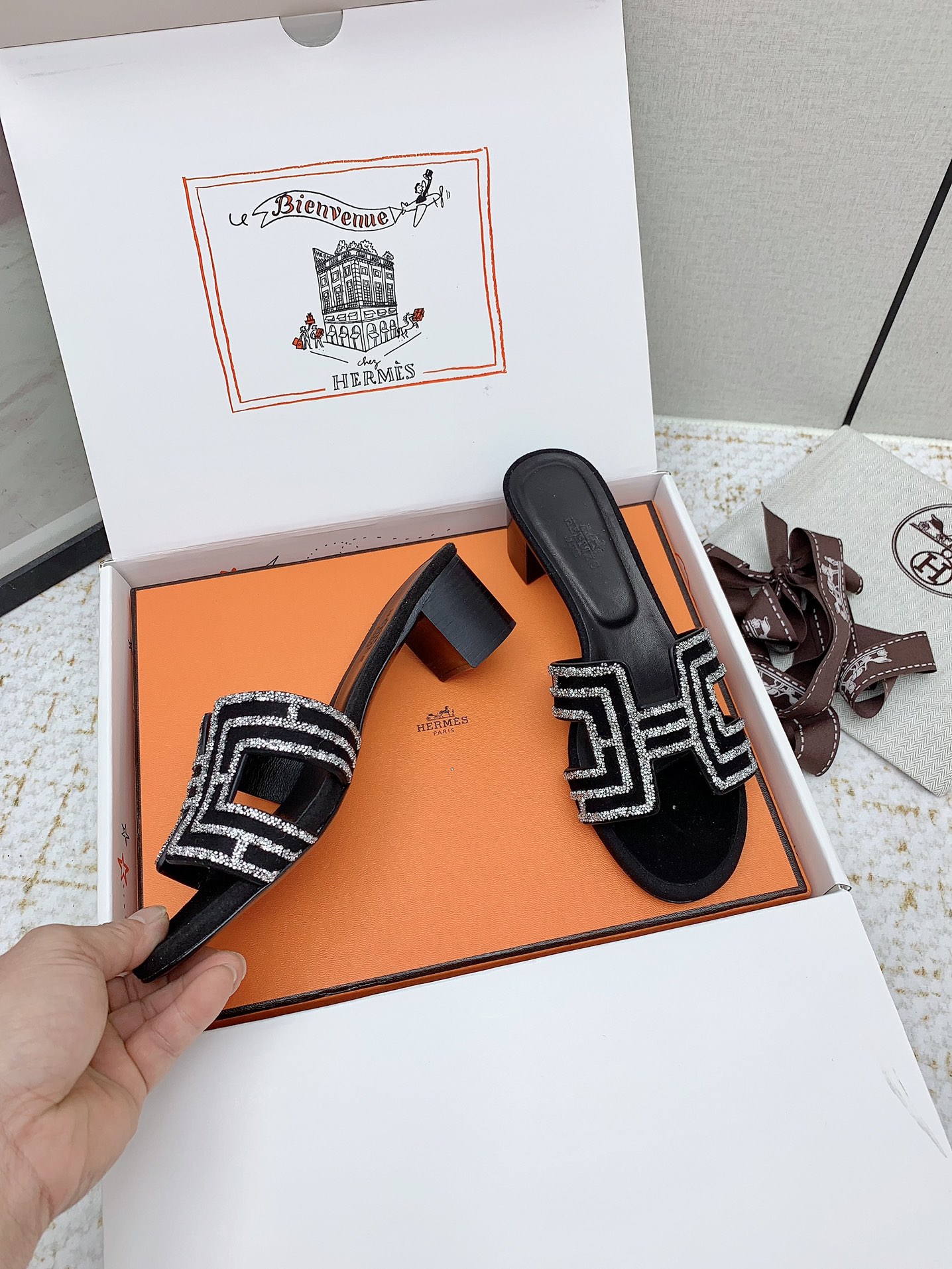 Hermes Oasis H-Cutout Heeled Sandals in Black Suede with Rhinestone Trim 5 i1750228989 8789 5
