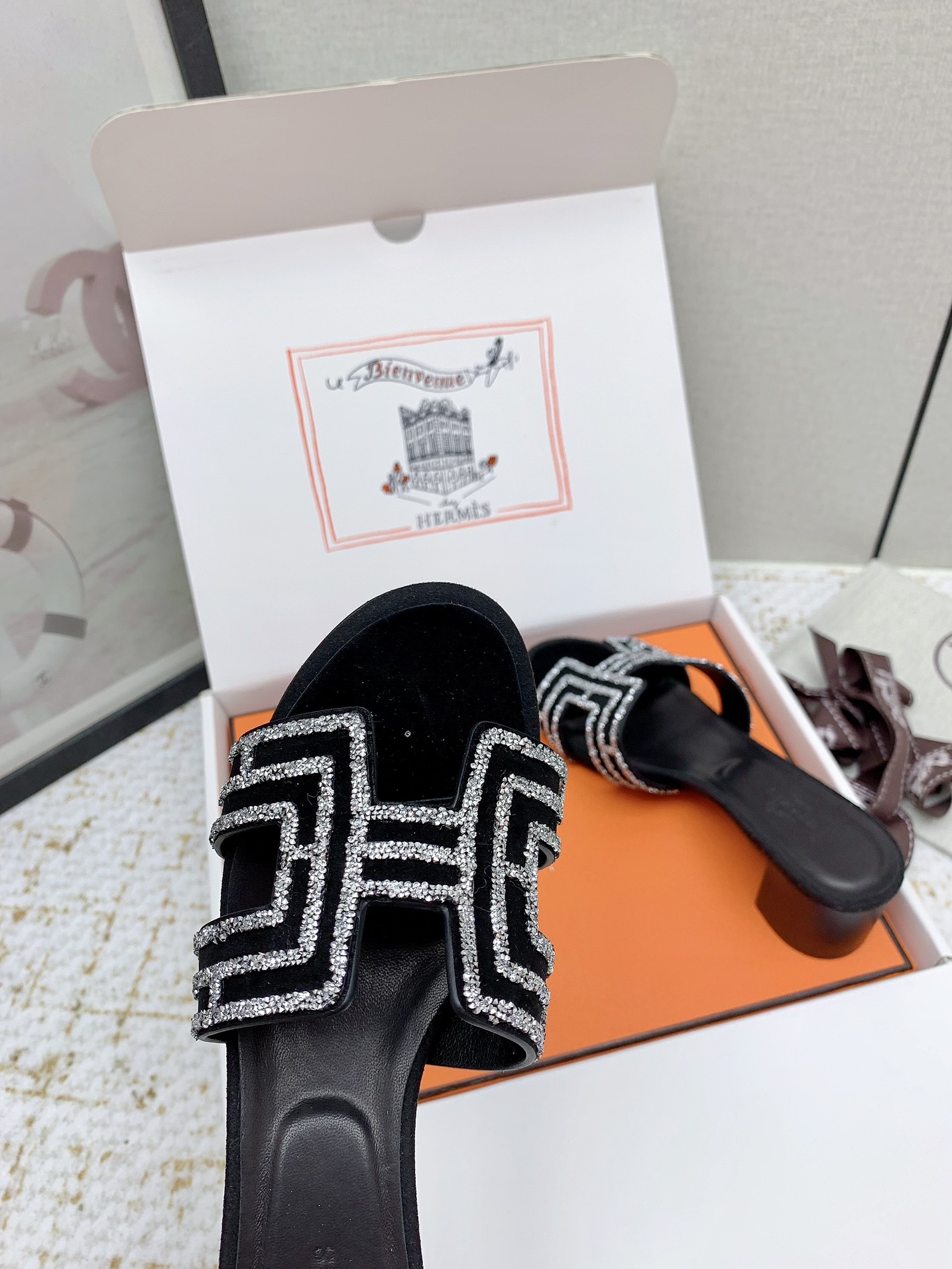 Hermes Oasis H-Cutout Heeled Sandals in Black Suede with Rhinestone Trim 8 i1750228989 9090 2