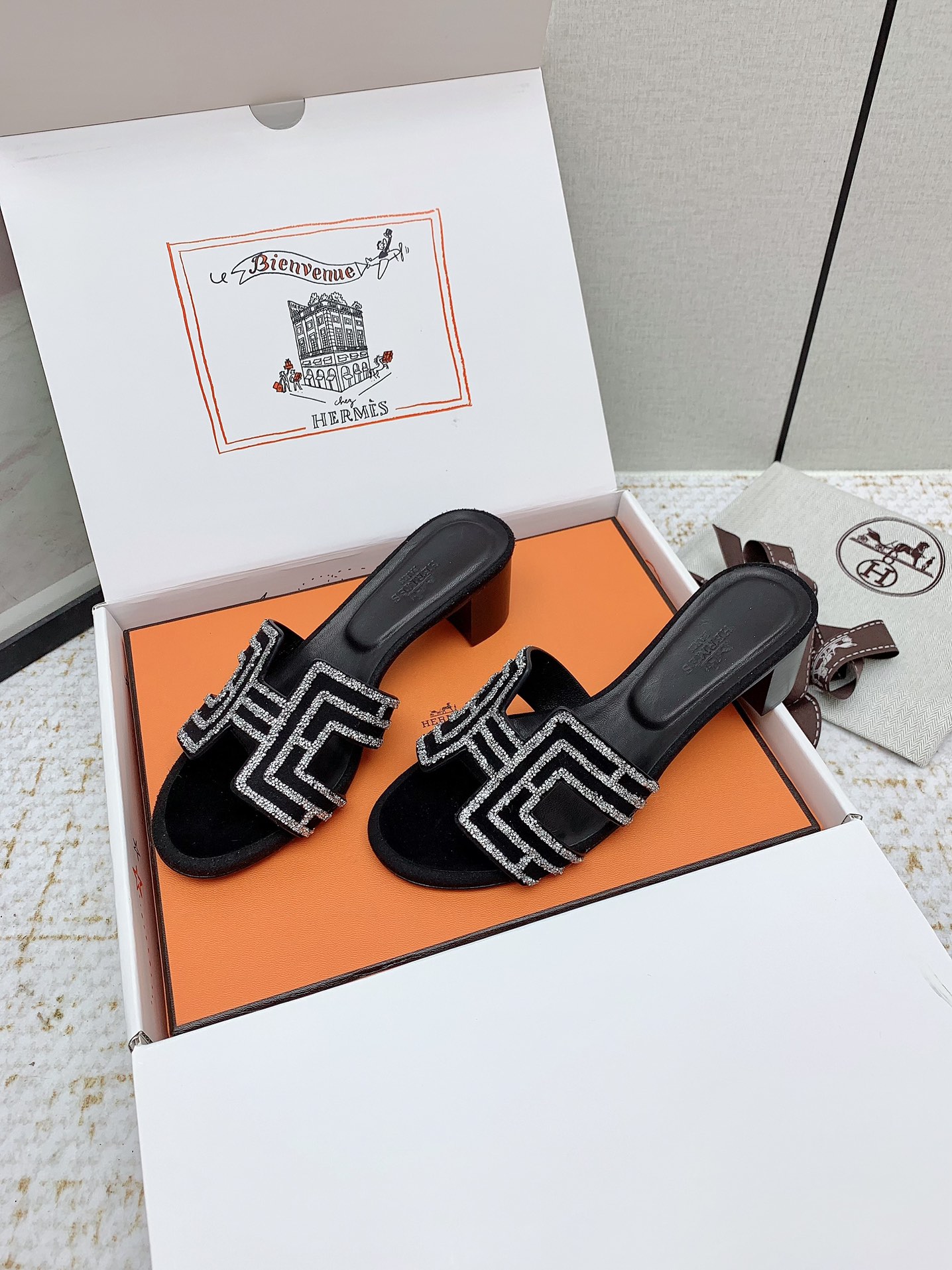 Hermes Oasis H-Cutout Heeled Sandals in Black Suede with Rhinestone Trim 4 i1750228989 9914 0
