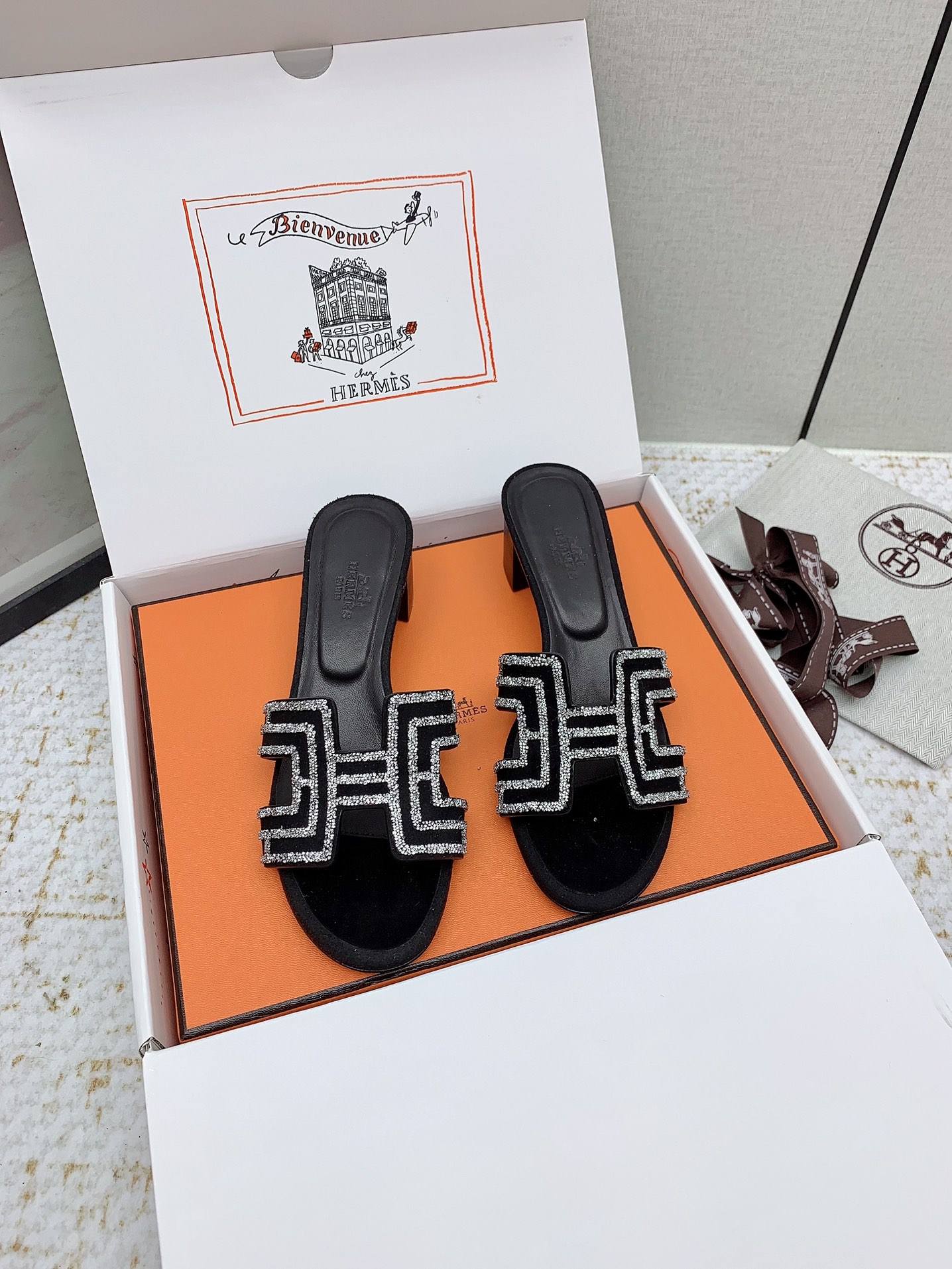 Hermes Oasis H-Cutout Heeled Sandals in Black Suede with Rhinestone Trim 3 i1750228990 1943 7