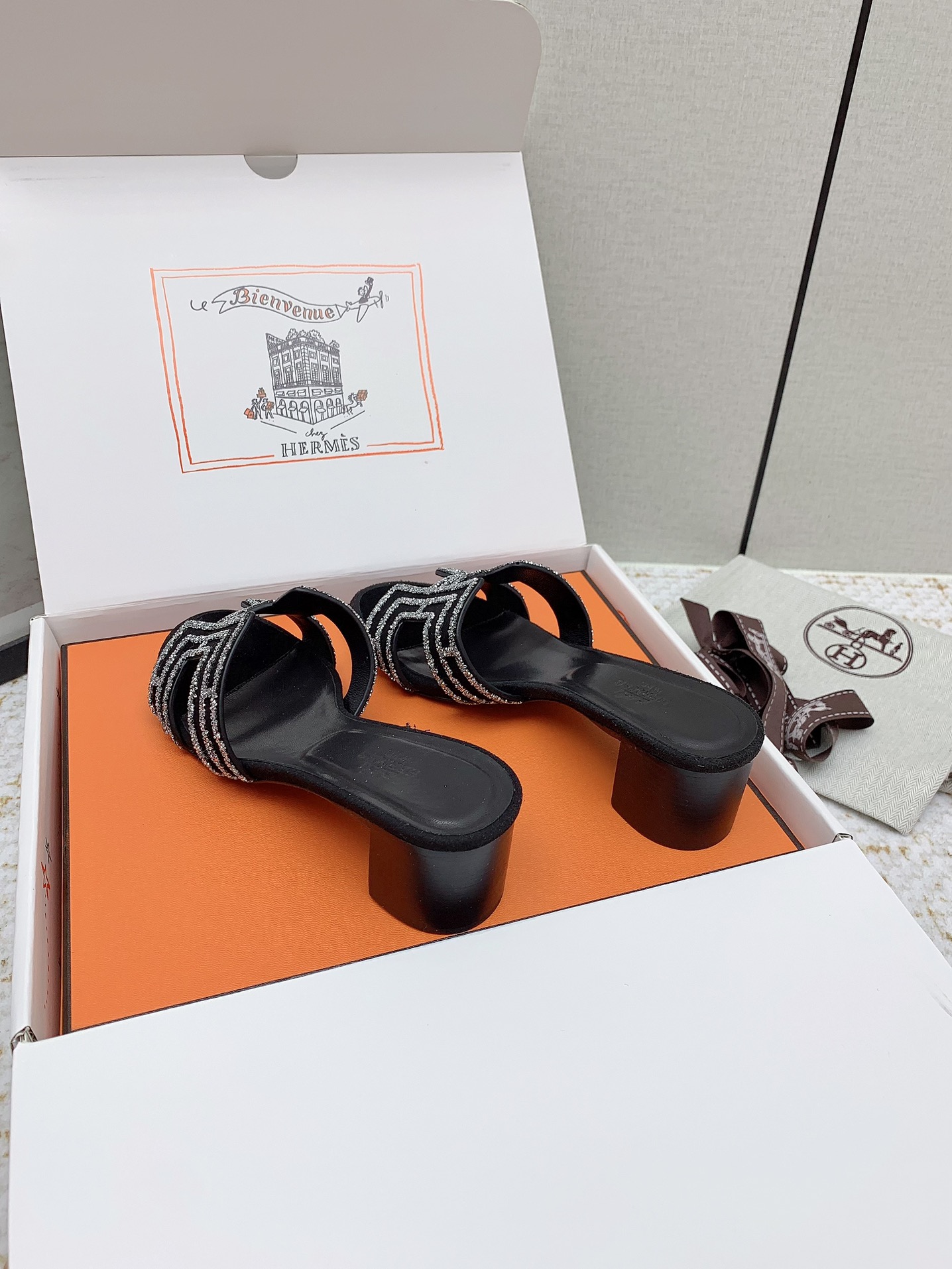 Hermes Oasis H-Cutout Heeled Sandals in Black Suede with Rhinestone Trim 7 i1750228990 738 6