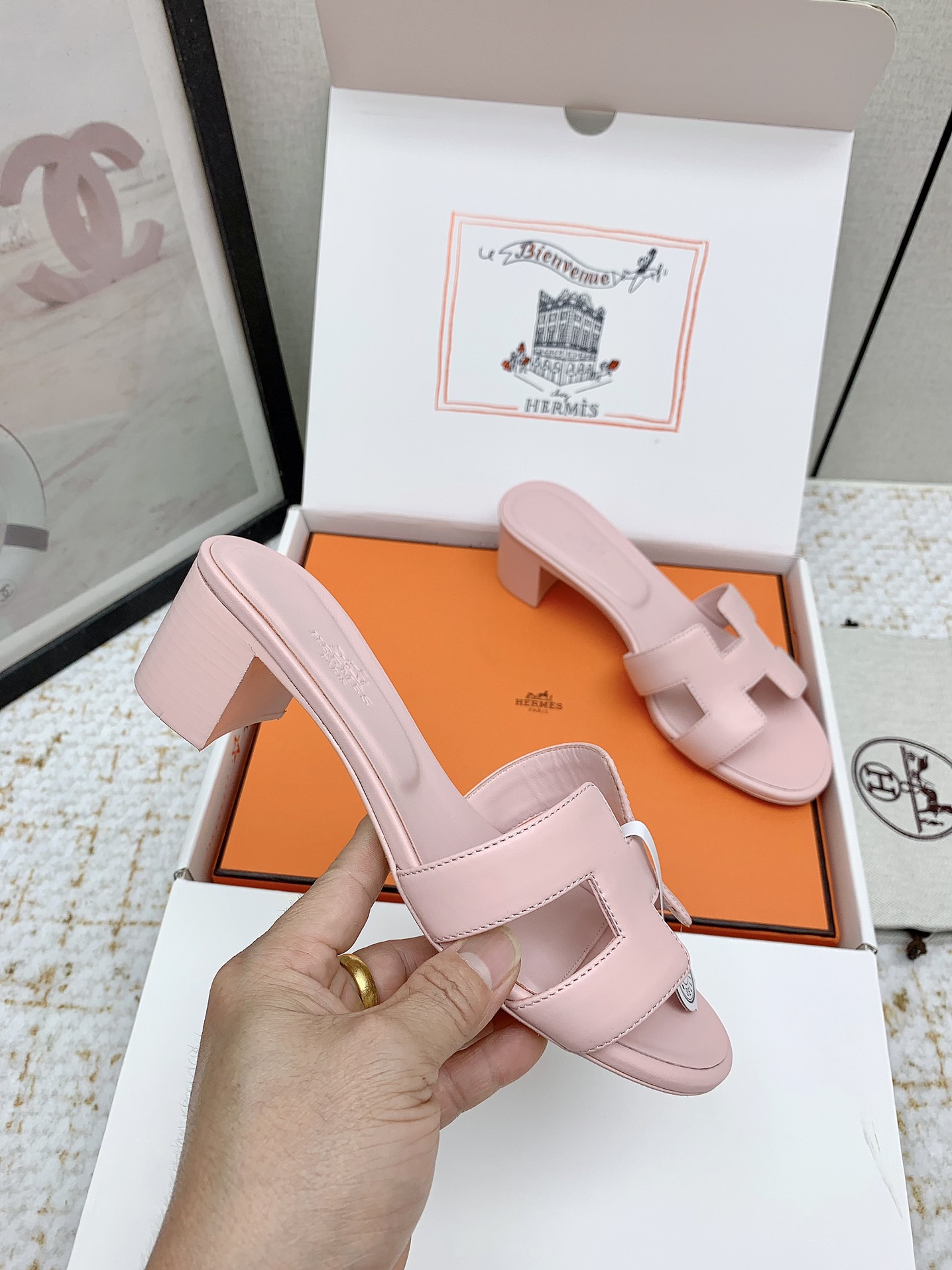 Hermes Oasis Pink Leather Heeled Sandals Iconic H-Cutout Slides 6 i1750229387 4742 3
