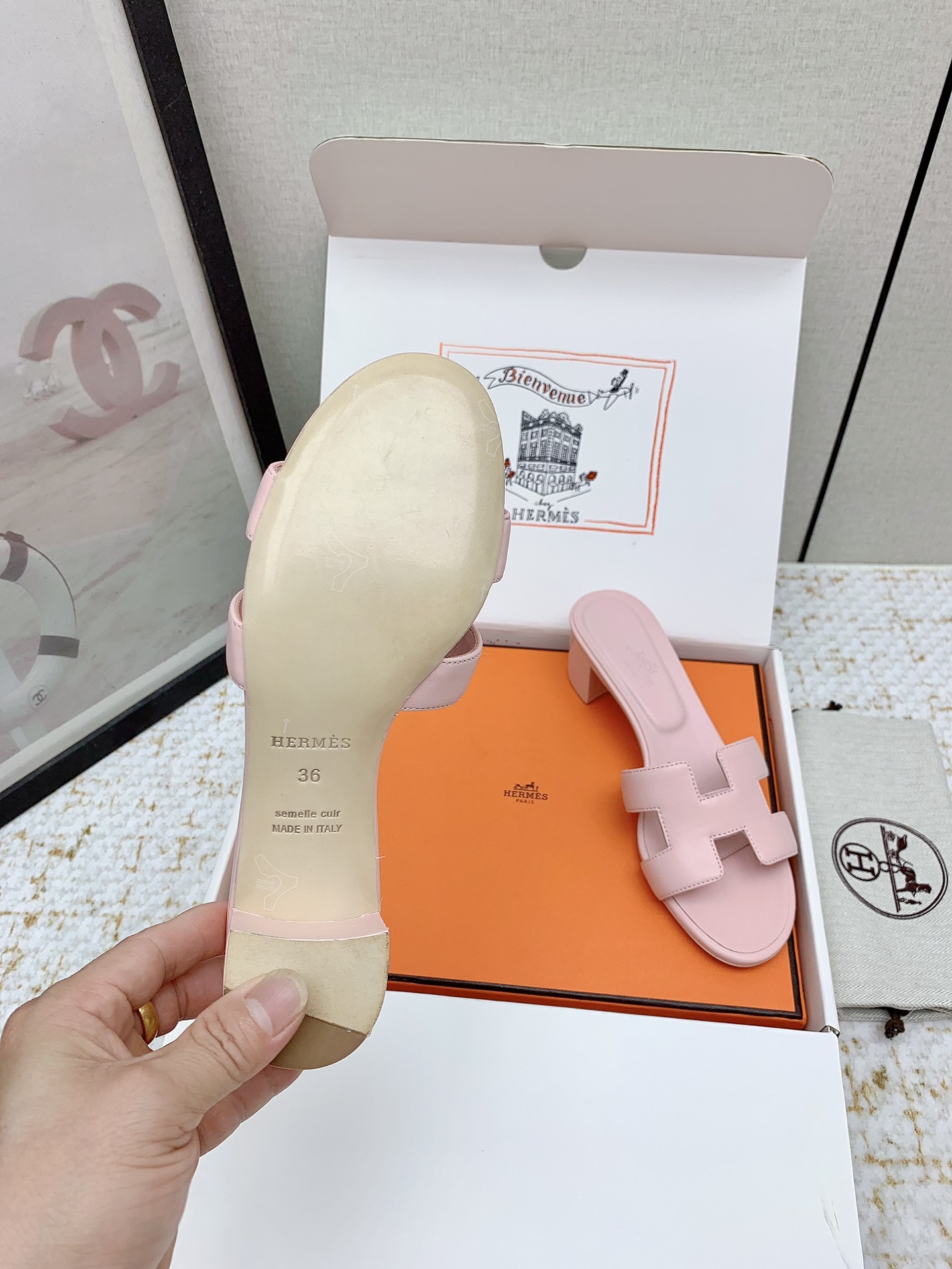 Hermes Oasis Pink Leather Heeled Sandals Iconic H-Cutout Slides 8 i1750229387 5419 4