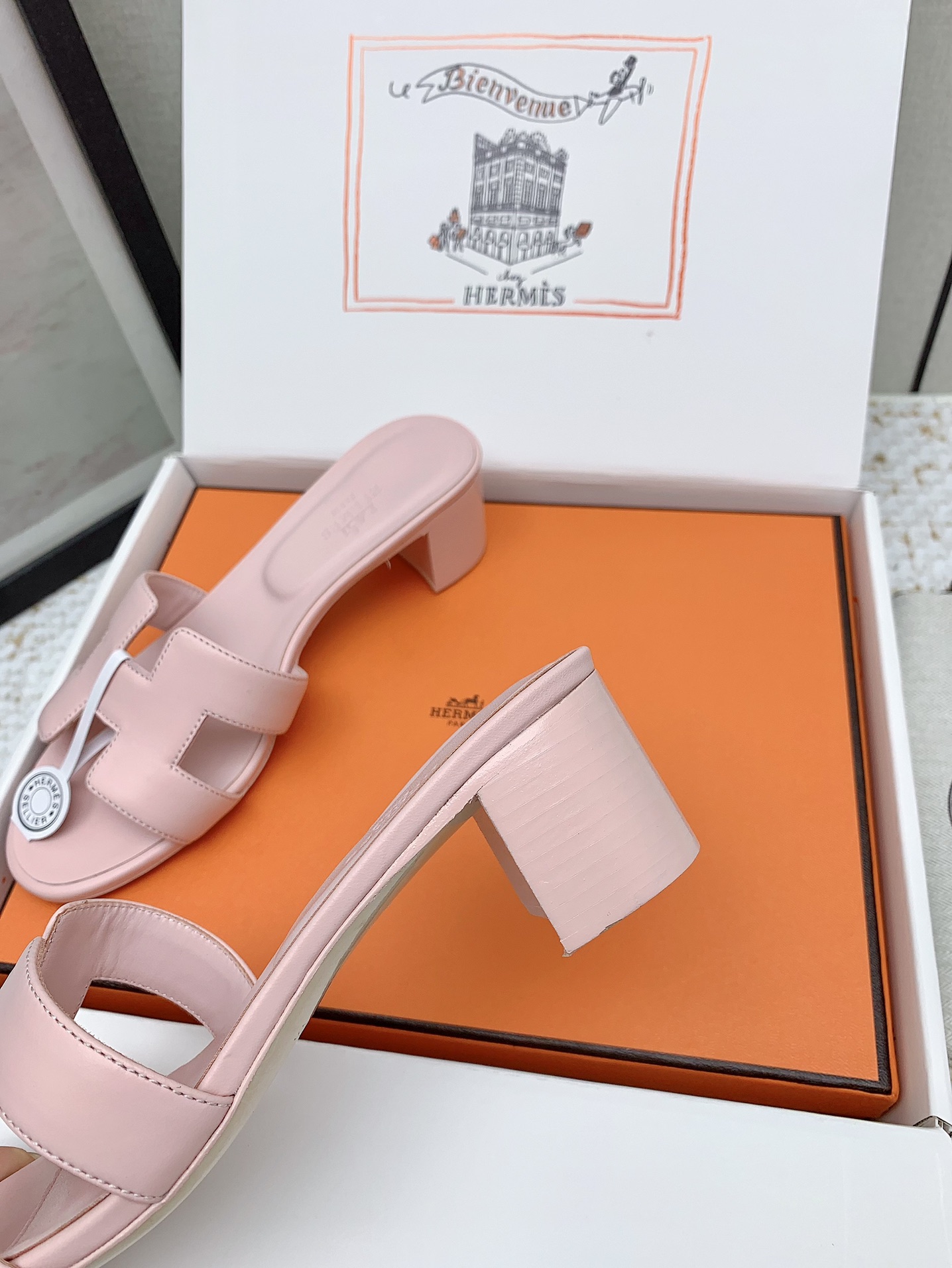 Hermes Oasis Pink Leather Heeled Sandals Iconic H-Cutout Slides 10 i1750229387 6978 2