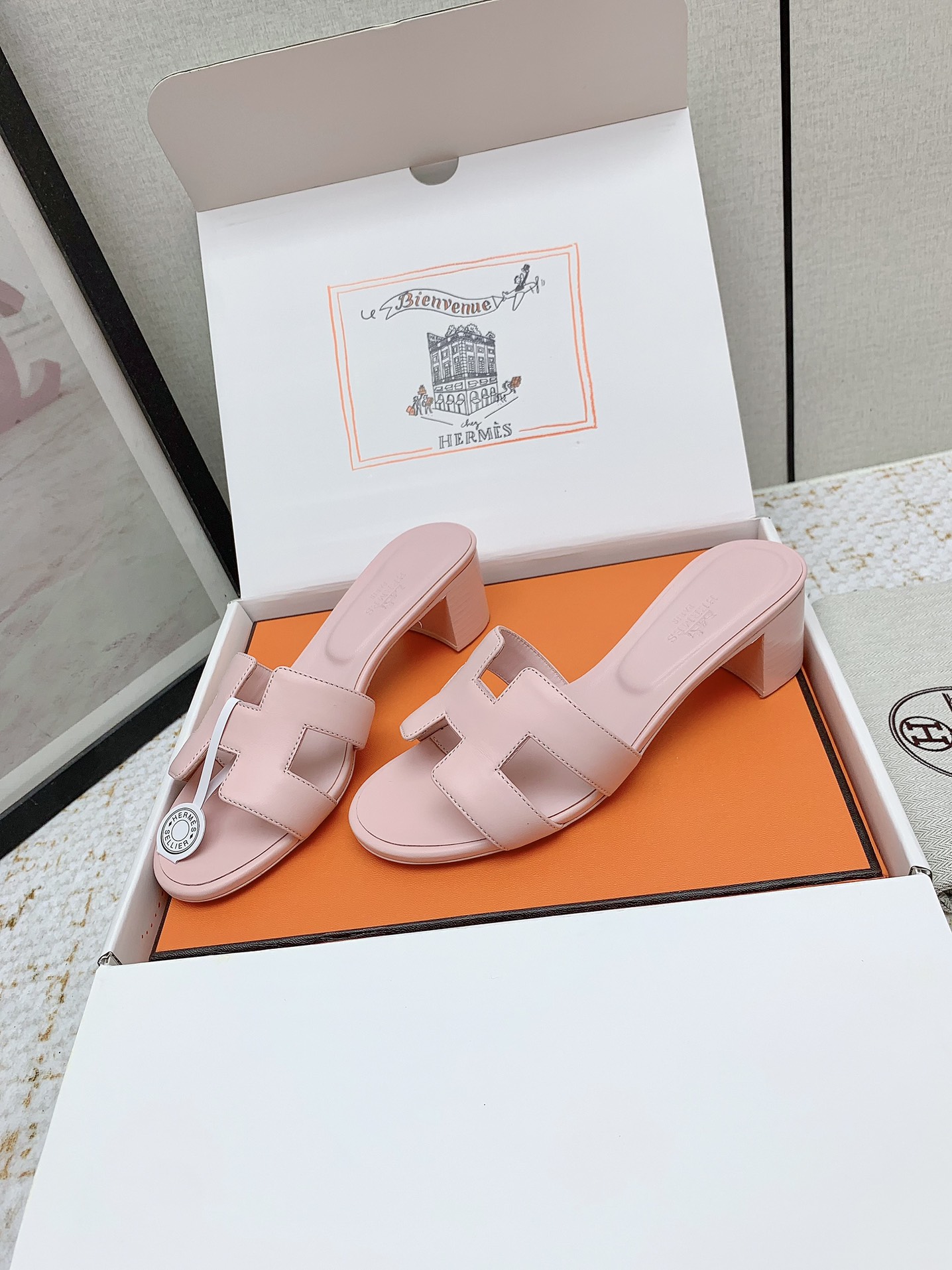 Hermes Oasis Pink Leather Heeled Sandals Iconic H-Cutout Slides 4 i1750229388 485 7