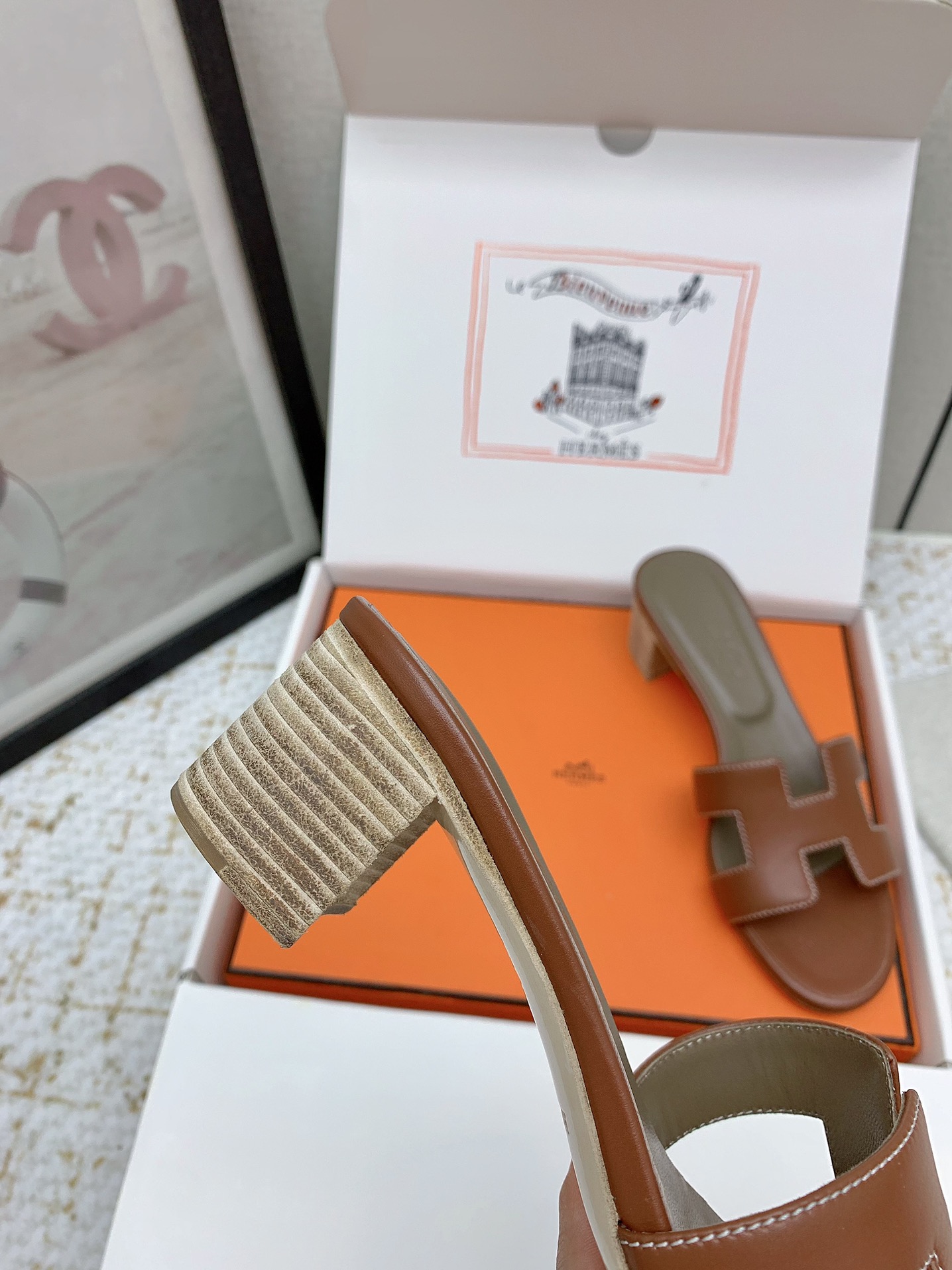 Hermes Oasis Heeled Sandals H-Cutout Leather Slides - Brown, Size 35-42 8 i1750229695 2621 2