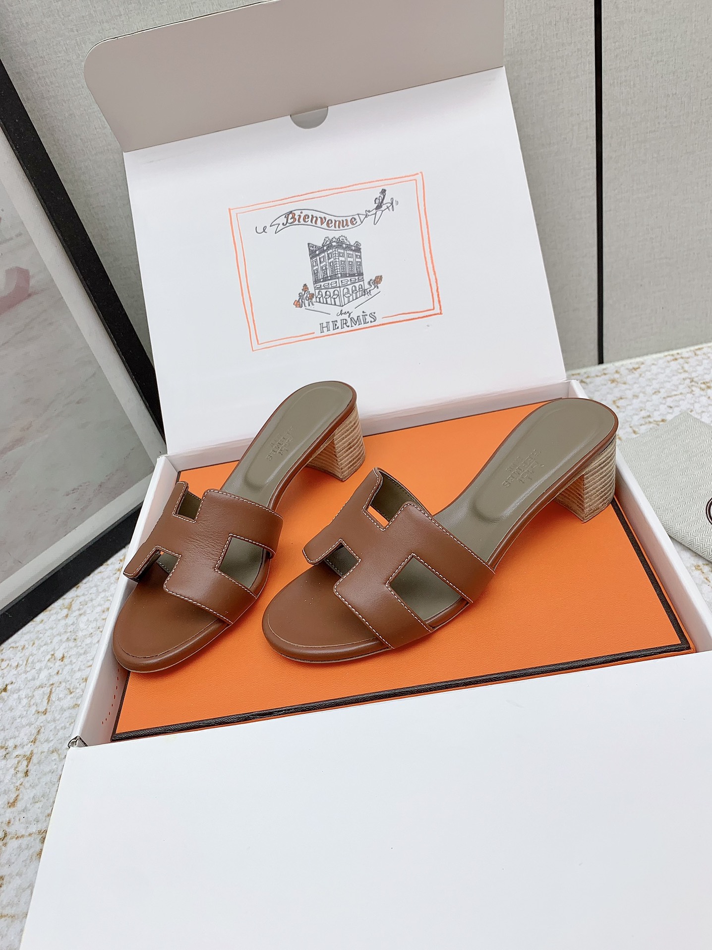 Hermes Oasis Heeled Sandals H-Cutout Leather Slides - Brown, Size 35-42 3 i1750229695 7865 1