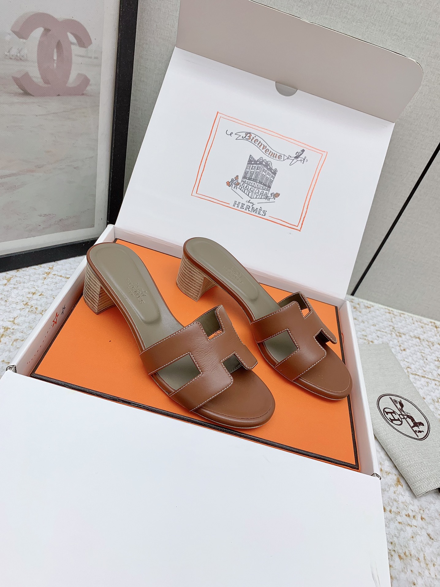 Hermes Oasis Heeled Sandals H-Cutout Leather Slides - Brown, Size 35-42 1 i1750229695 8046 0