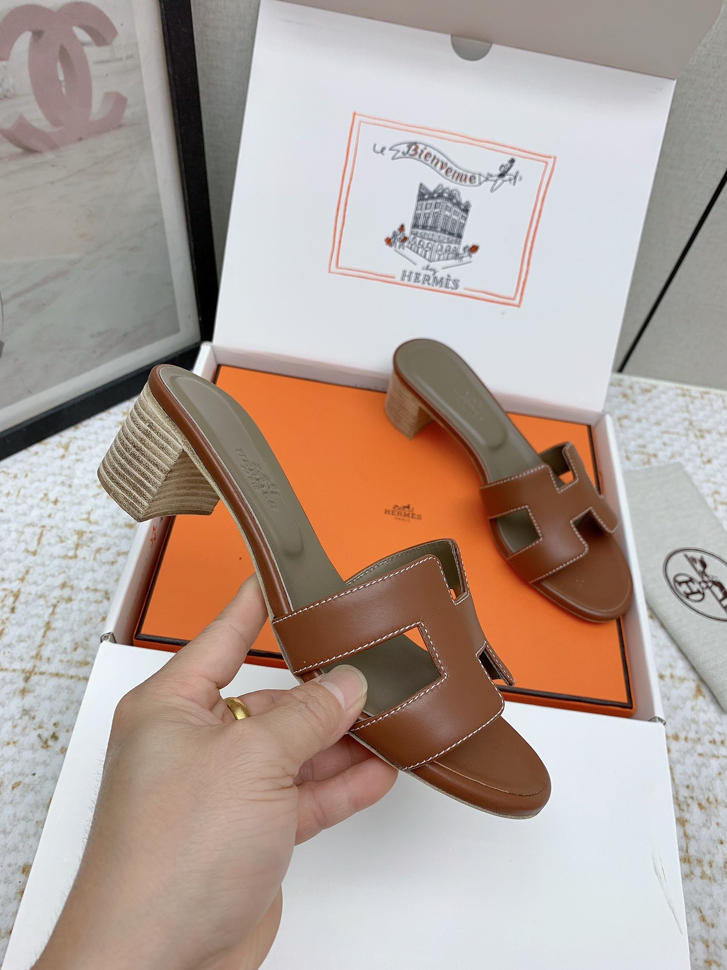 Hermes Oasis Heeled Sandals H-Cutout Leather Slides - Brown, Size 35-42 5 i1750229696 4263 8