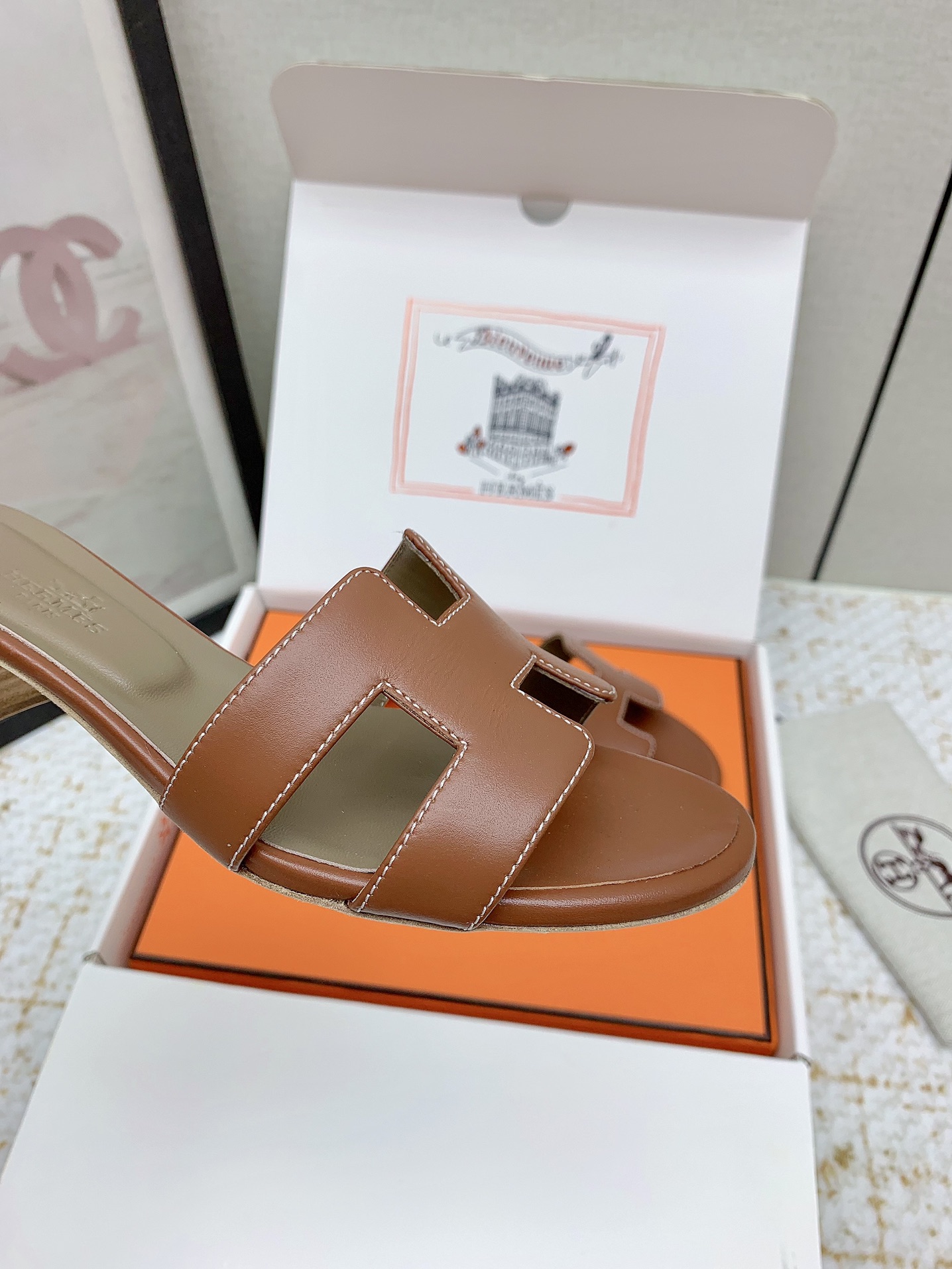 Hermes Oasis Heeled Sandals H-Cutout Leather Slides - Brown, Size 35-42 9 i1750229696 5605 4