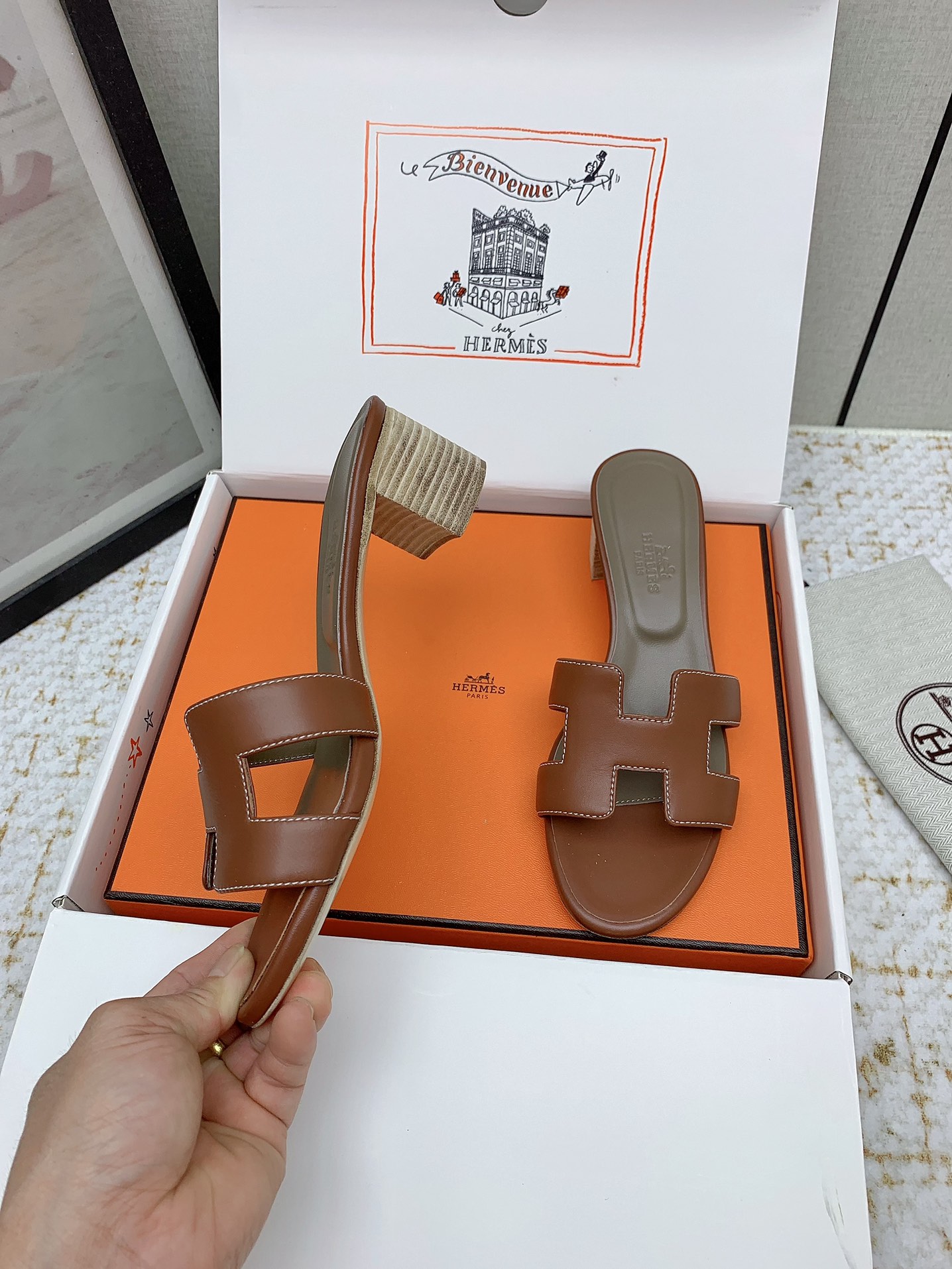Hermes Oasis Heeled Sandals H-Cutout Leather Slides - Brown, Size 35-42 4 i1750229696 6023 7