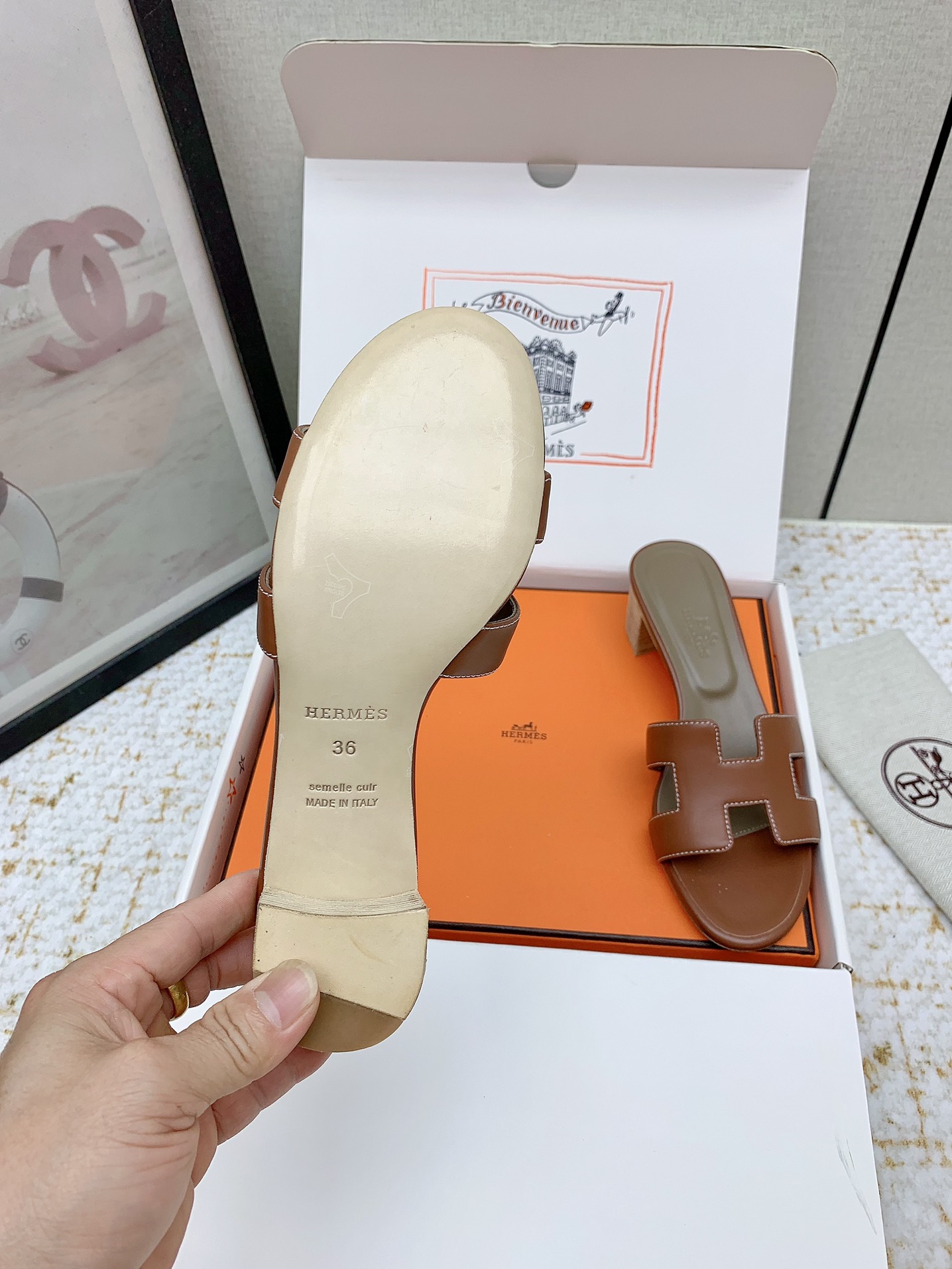 Hermes Oasis Heeled Sandals H-Cutout Leather Slides - Brown, Size 35-42 7 i1750229696 6262 3