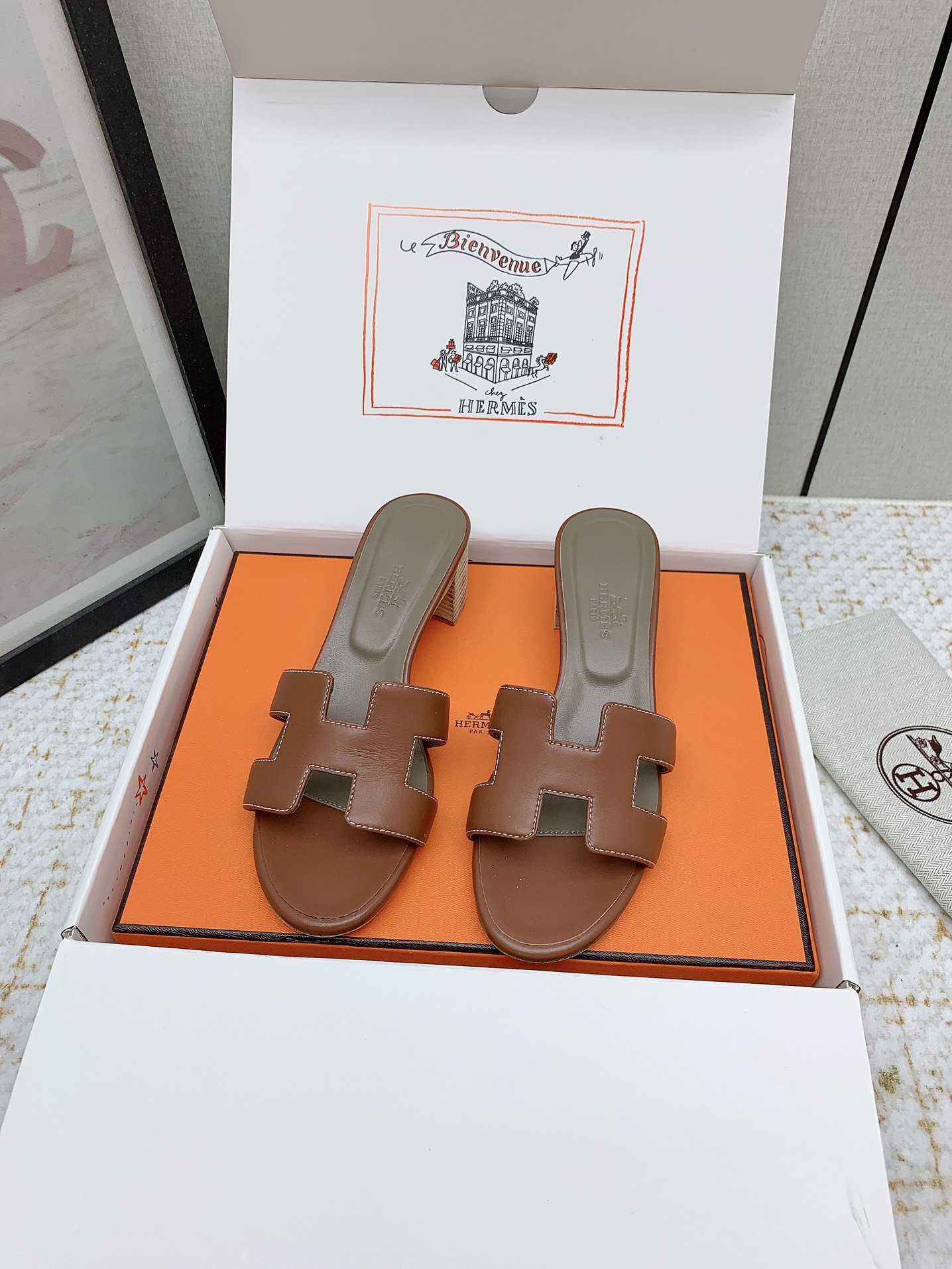 Hermes Oasis Heeled Sandals H-Cutout Leather Slides - Brown, Size 35-42 2 i1750229696 7829 5