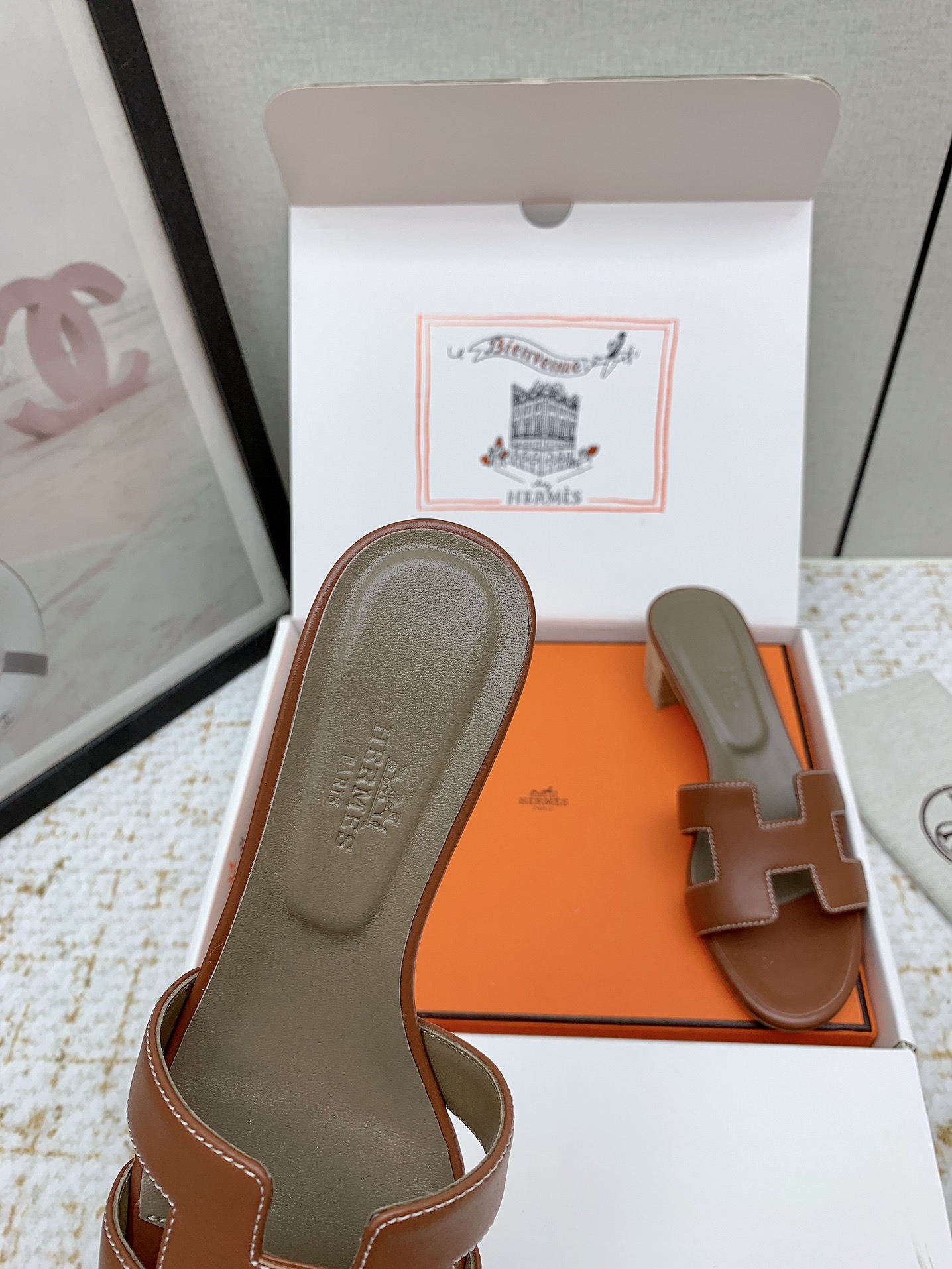 Hermes Oasis Heeled Sandals H-Cutout Leather Slides - Brown, Size 35-42 6 i1750229696 8257 6
