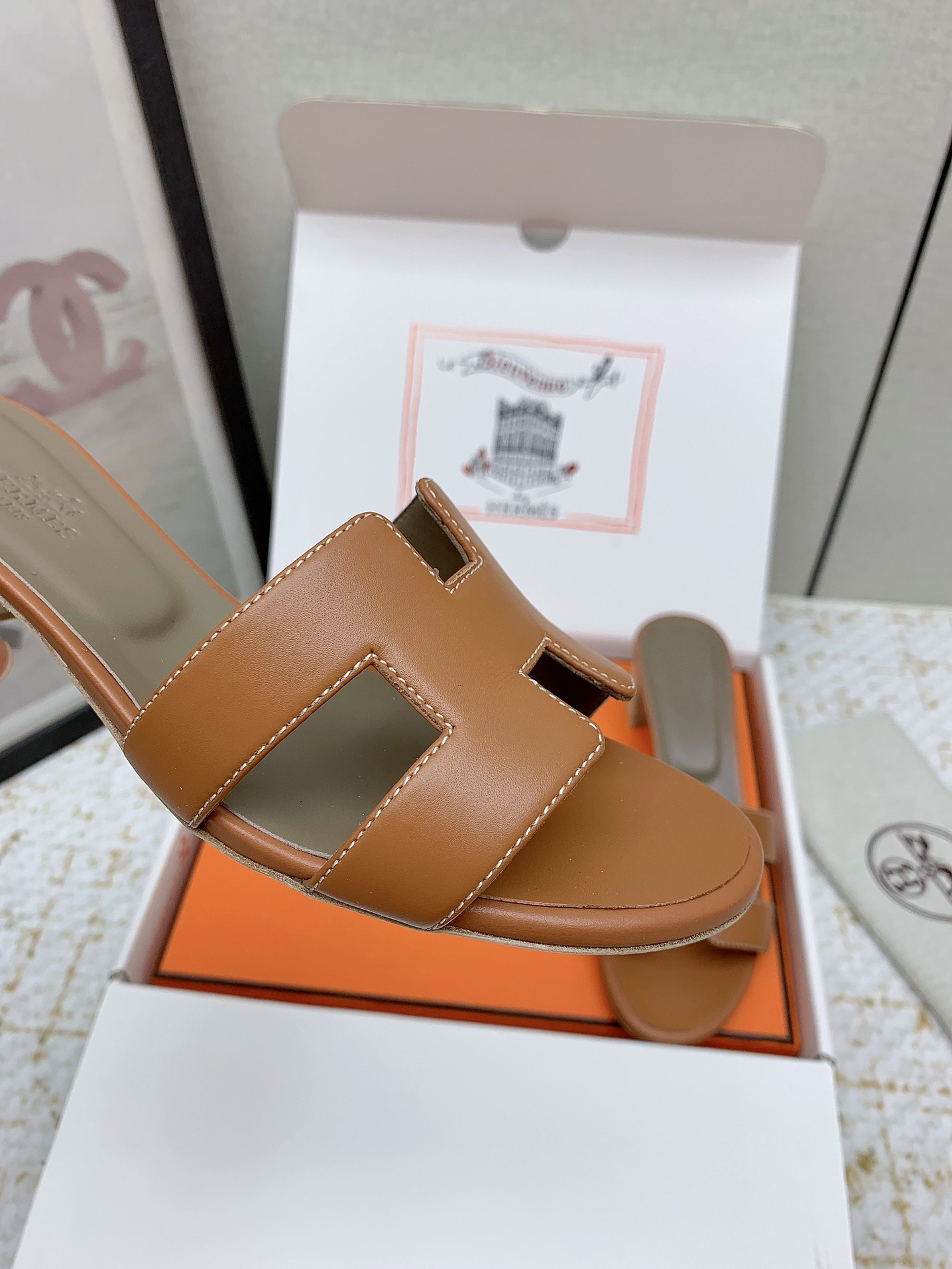 Hermès Oasis Leather Heeled Sandals Iconic 'H' Cutout Design - Caramel 10 i1750229763 3553 3