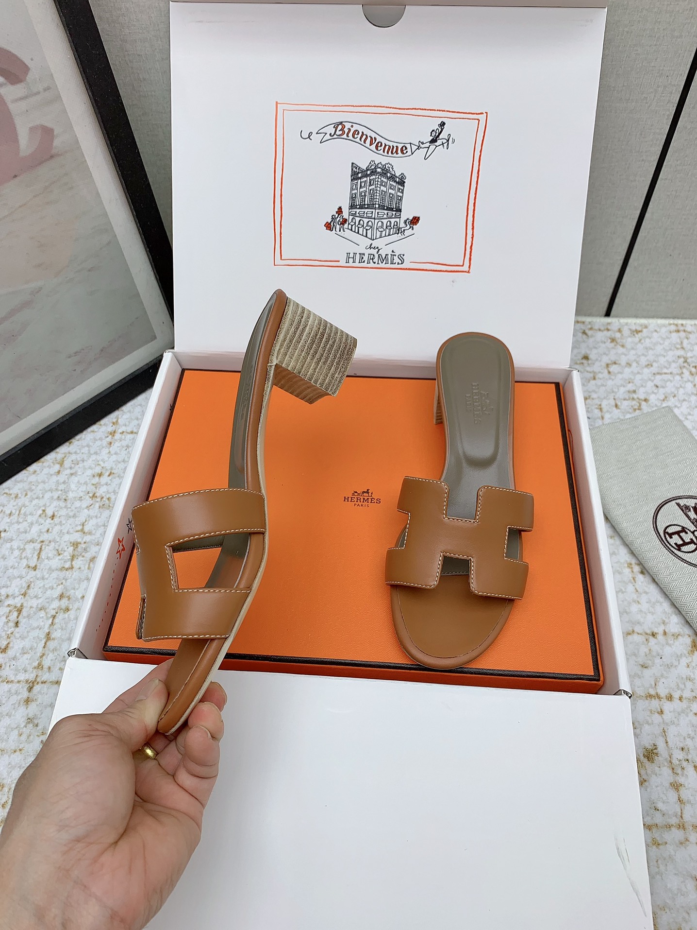 Hermès Oasis Leather Heeled Sandals Iconic 'H' Cutout Design - Caramel 5 i1750229763 4335 8