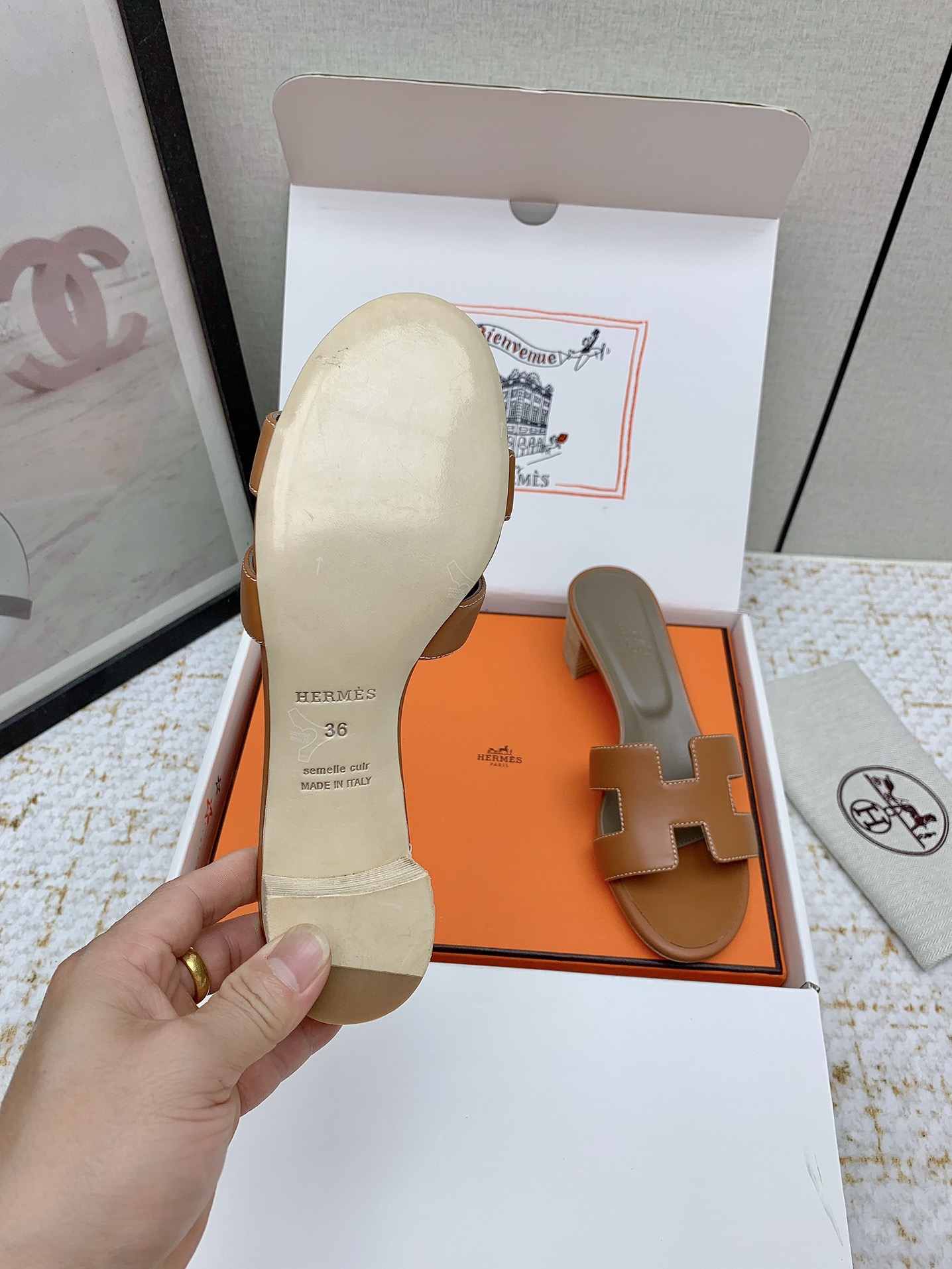 Hermès Oasis Leather Heeled Sandals Iconic 'H' Cutout Design - Caramel 8 i1750229763 4853 1