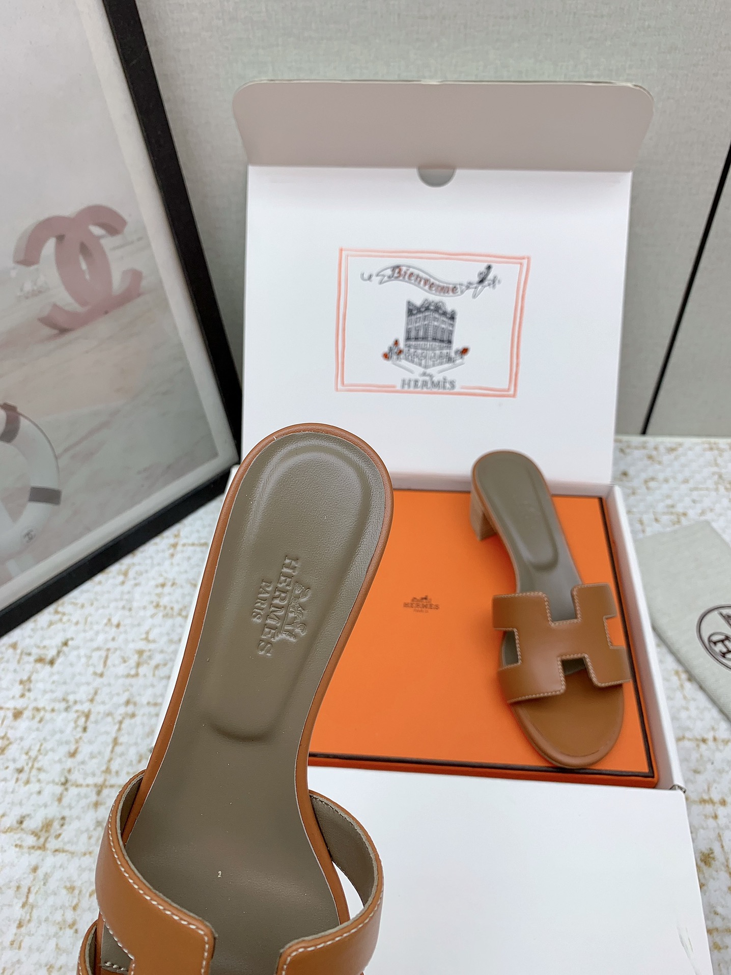 Hermès Oasis Leather Heeled Sandals Iconic 'H' Cutout Design - Caramel 7 i1750229763 9221 7