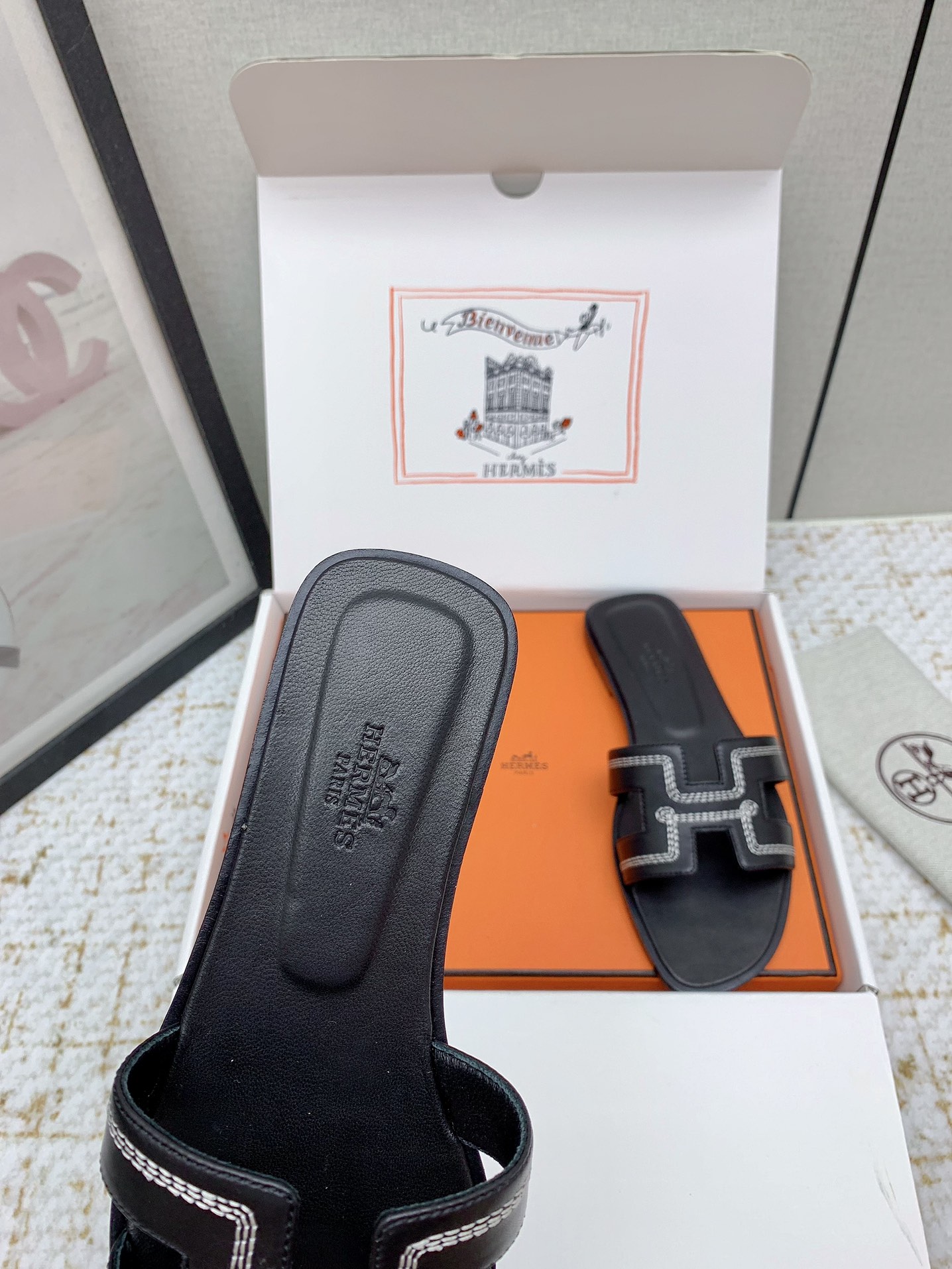 Hermes Oran Black Leather Sandals Slides Shoes - Women's Sizes 35-42 6 i1750231808 1345 5