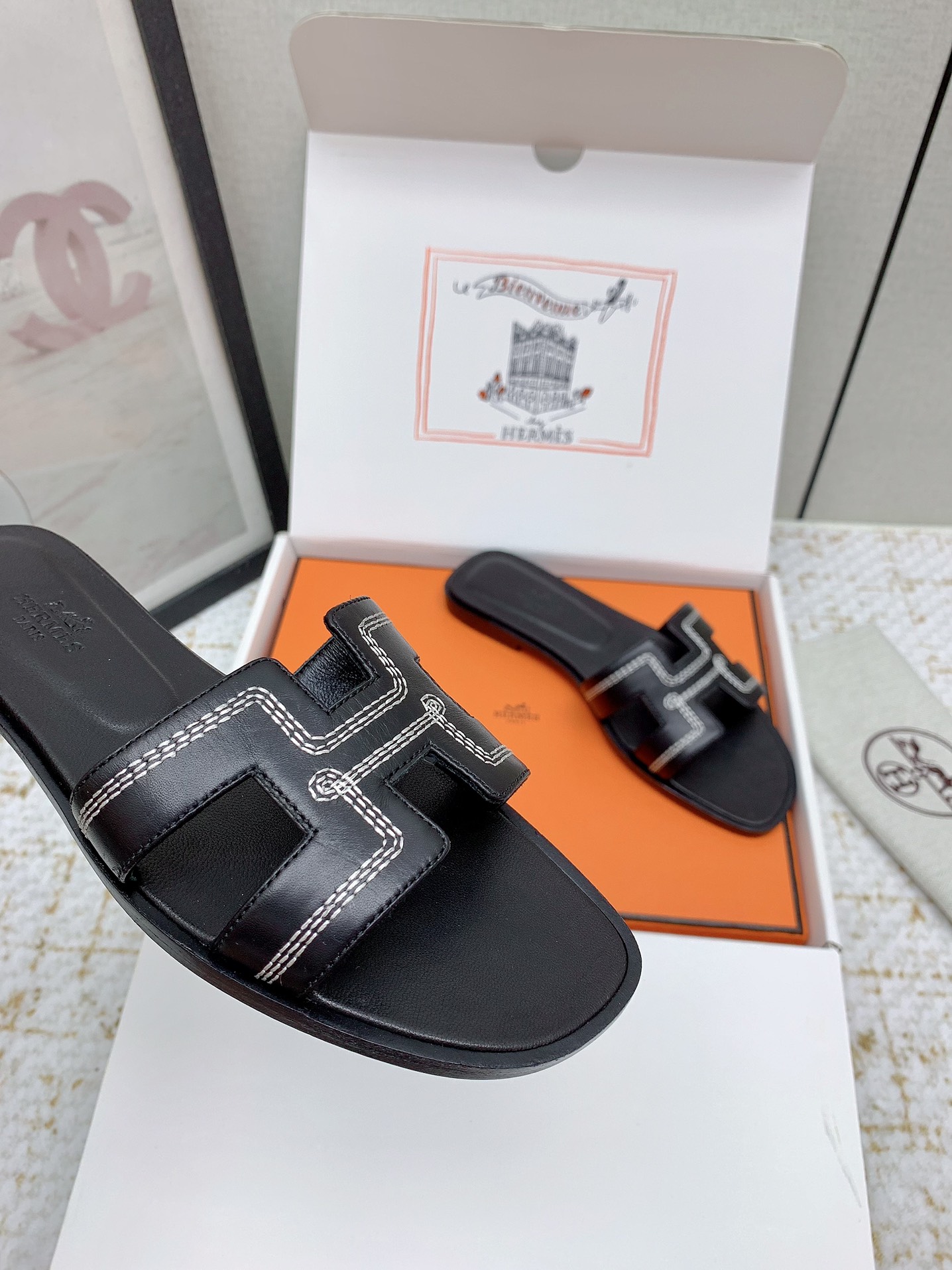 Hermes Oran Black Leather Sandals Slides Shoes - Women's Sizes 35-42 9 i1750231808 250 6