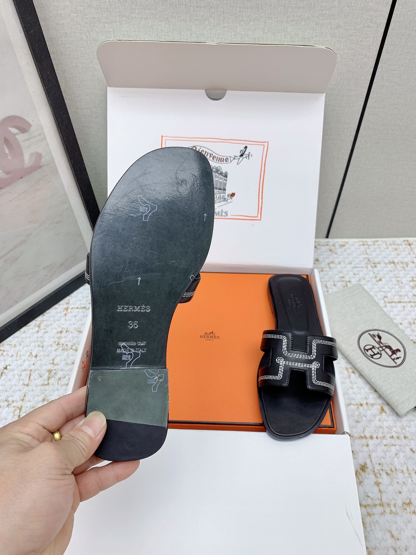 Hermes Oran Black Leather Sandals Slides Shoes - Women's Sizes 35-42 8 i1750231808 396 2