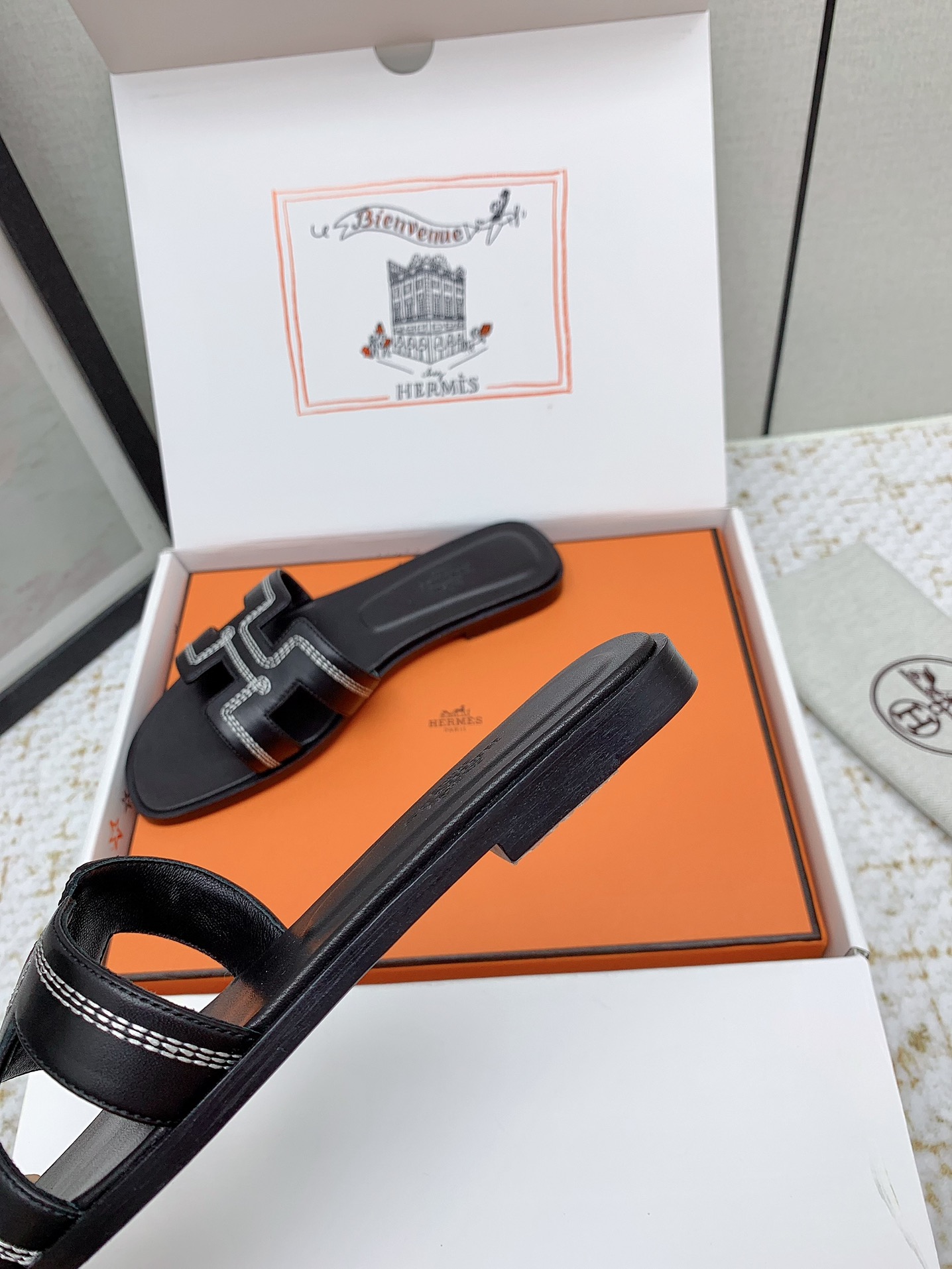 Hermes Oran Black Leather Sandals Slides Shoes - Women's Sizes 35-42 7 i1750231808 4931 4