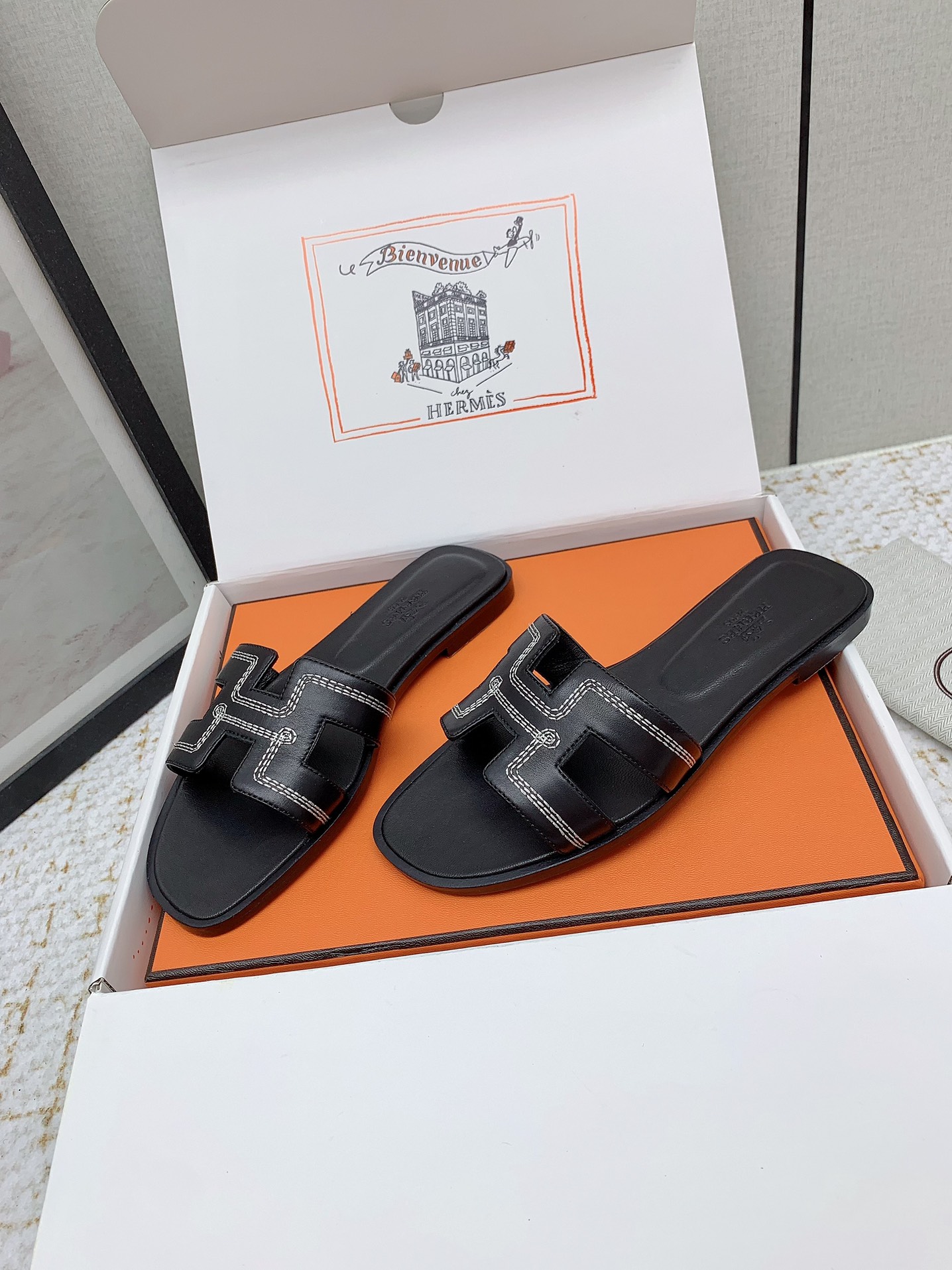 Hermes Oran Black Leather Sandals Slides Shoes - Women's Sizes 35-42 3 i1750231808 6569 0