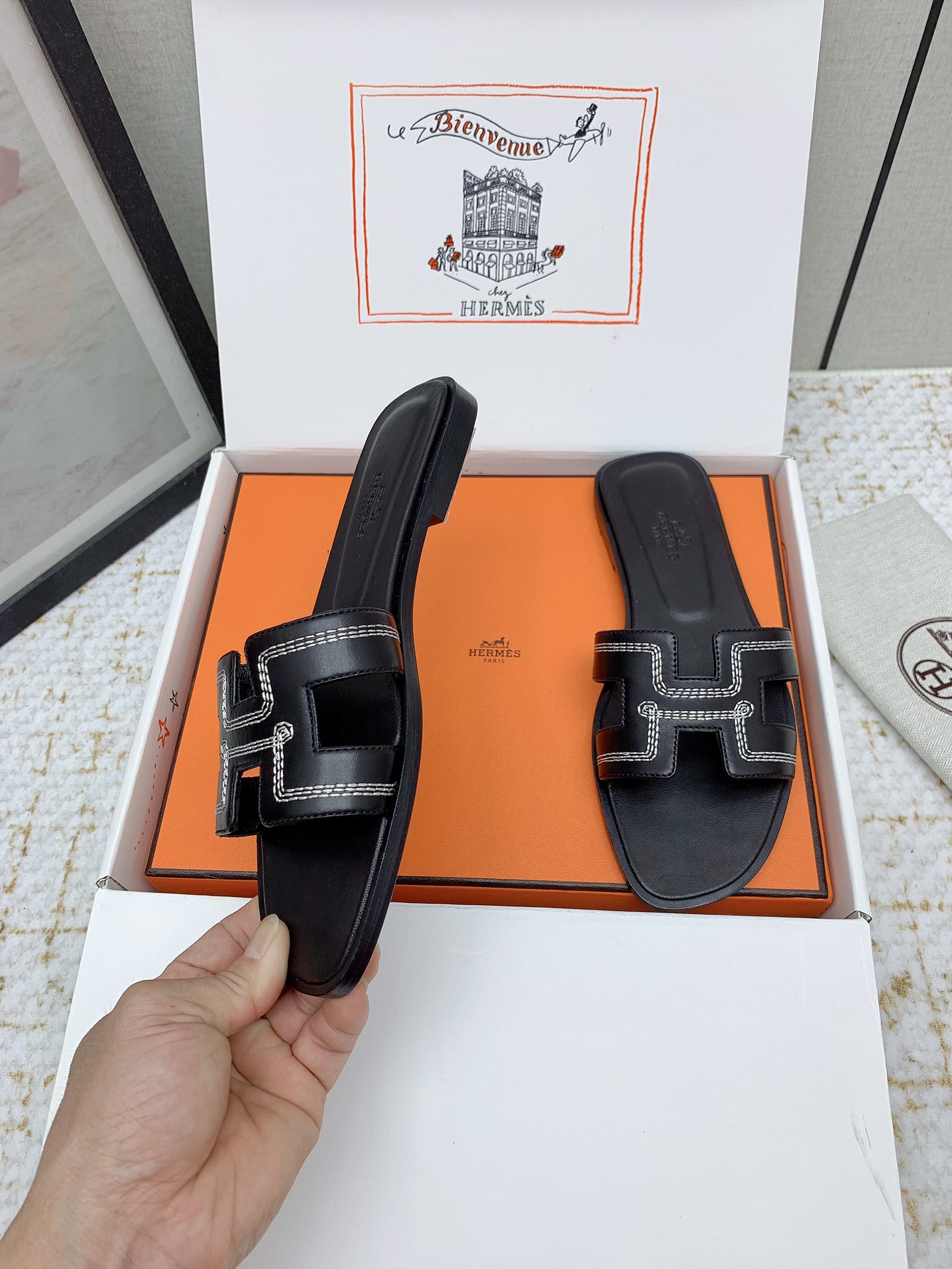 Hermes Oran Black Leather Sandals Slides Shoes - Women's Sizes 35-42 4 i1750231808 7635 8