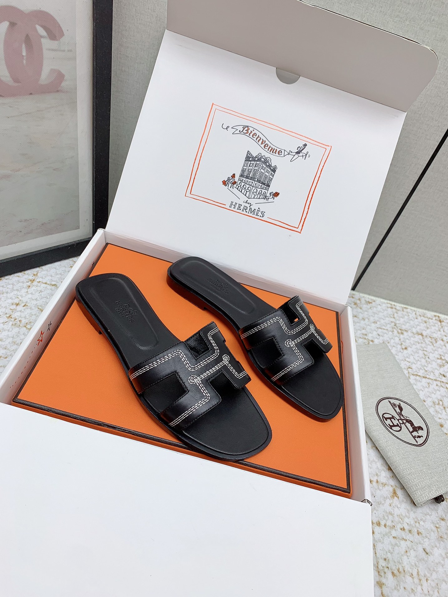 Hermes Oran Black Leather Sandals Slides Shoes - Women's Sizes 35-42 1 i1750231808 8073 3