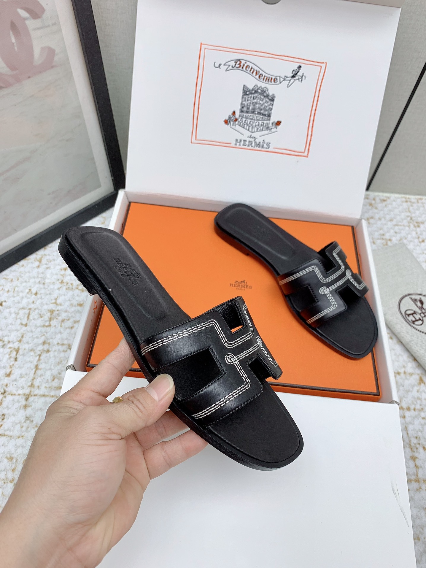 Hermes Oran Black Leather Sandals Slides Shoes - Women's Sizes 35-42 5 i1750231808 8369 7