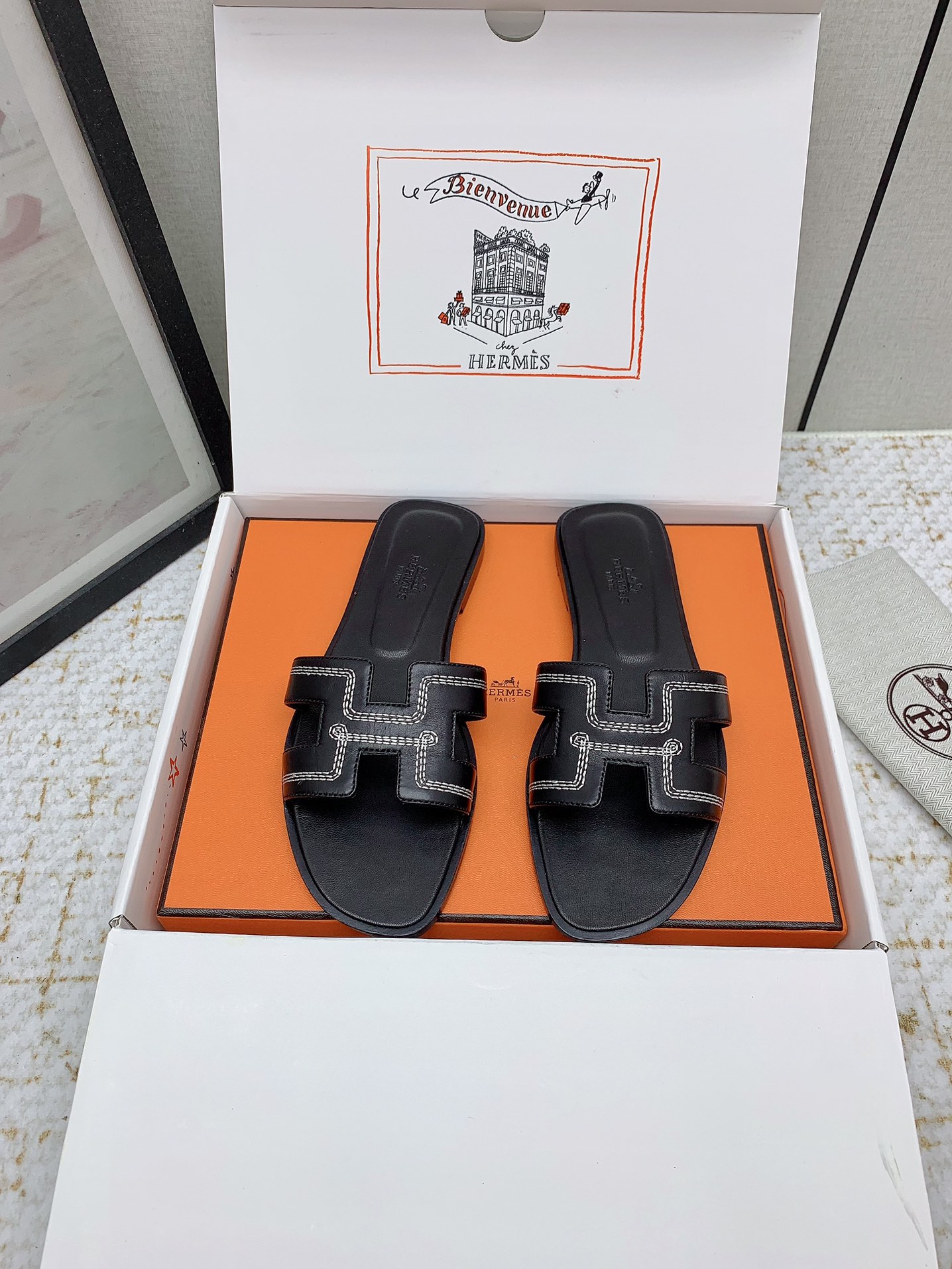 Hermes Oran Black Leather Sandals Slides Shoes - Women's Sizes 35-42 2 i1750231808 9249 1