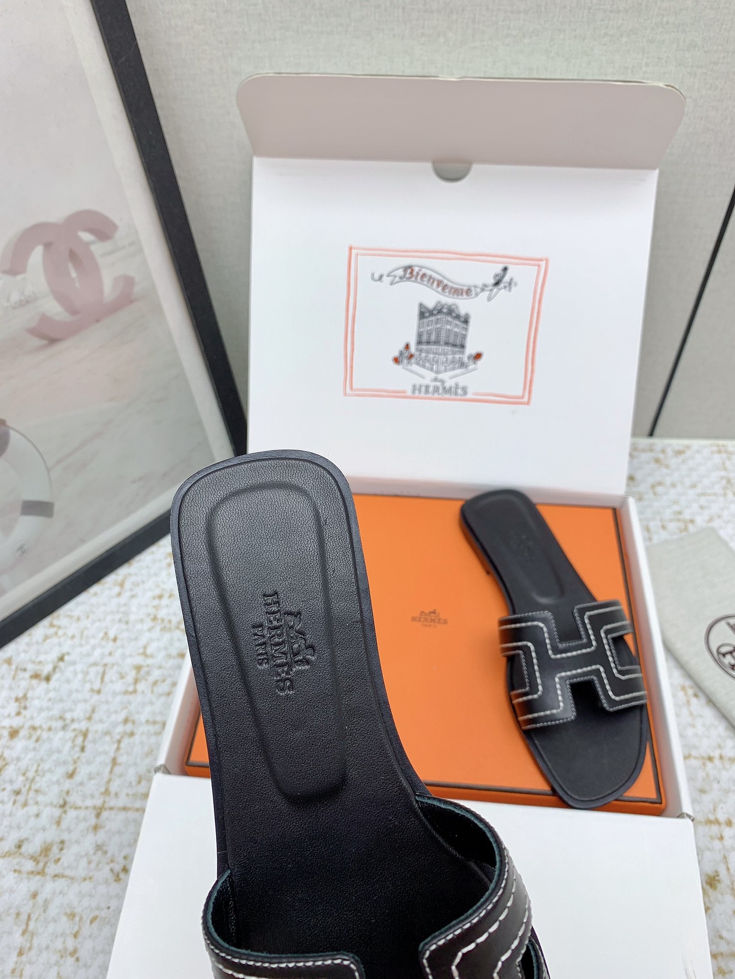 Hermès Oran Black Leather Sandals Iconic Slides Women's Shoes 6 i1750231888 7341 7