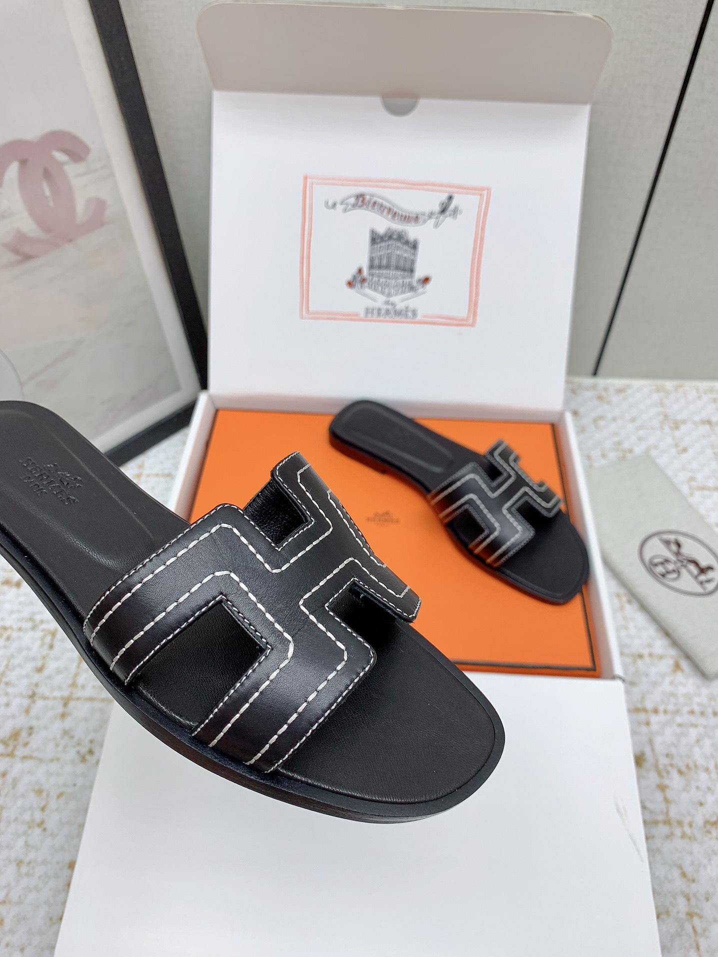 Hermès Oran Black Leather Sandals Iconic Slides Women's Shoes 9 i1750231888 9408 8