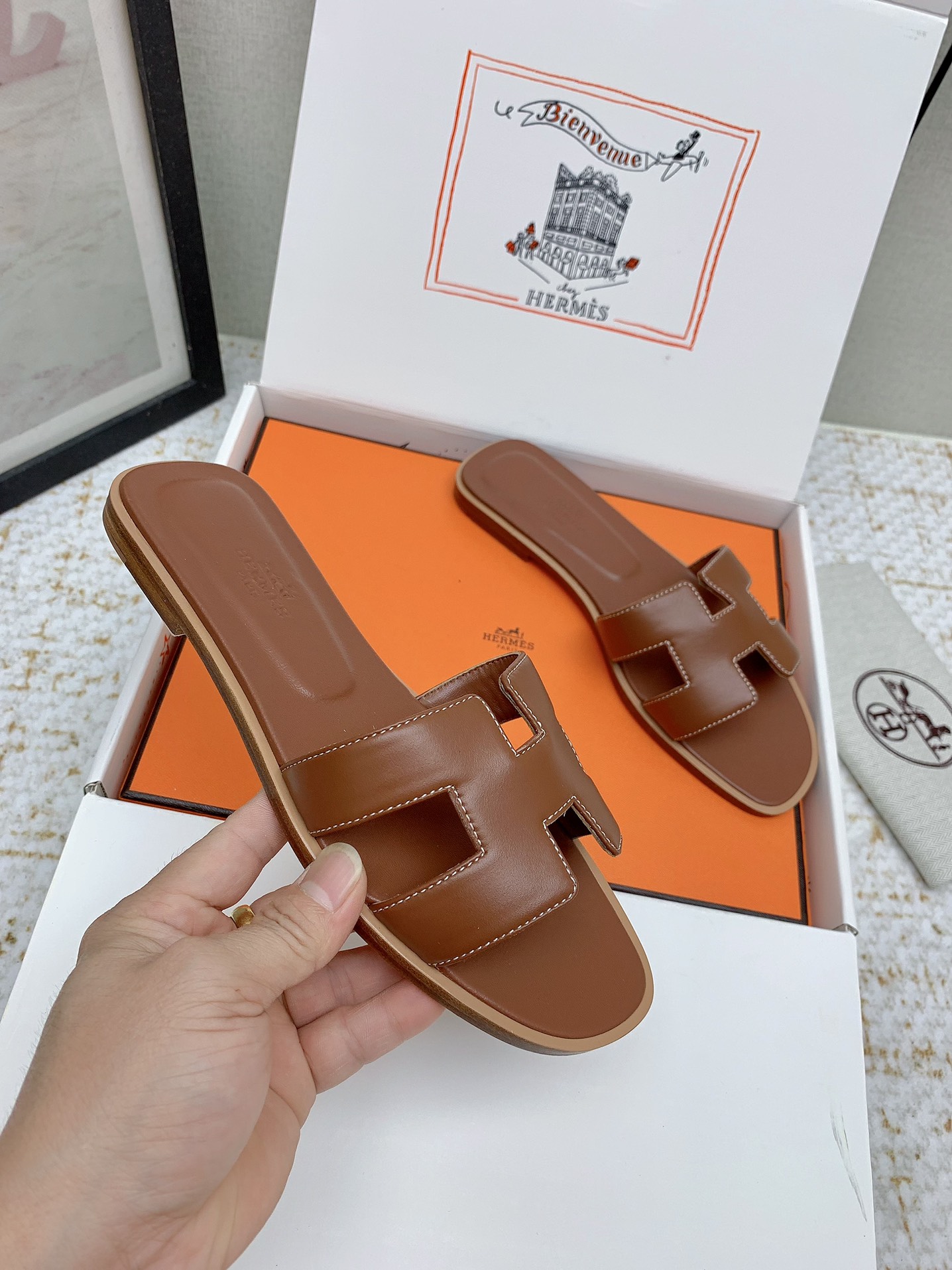 Hermès Oran Leather Slides - Iconic 'H' Cutout Design - Various Sizes Available 5 i1750232846 6093 4